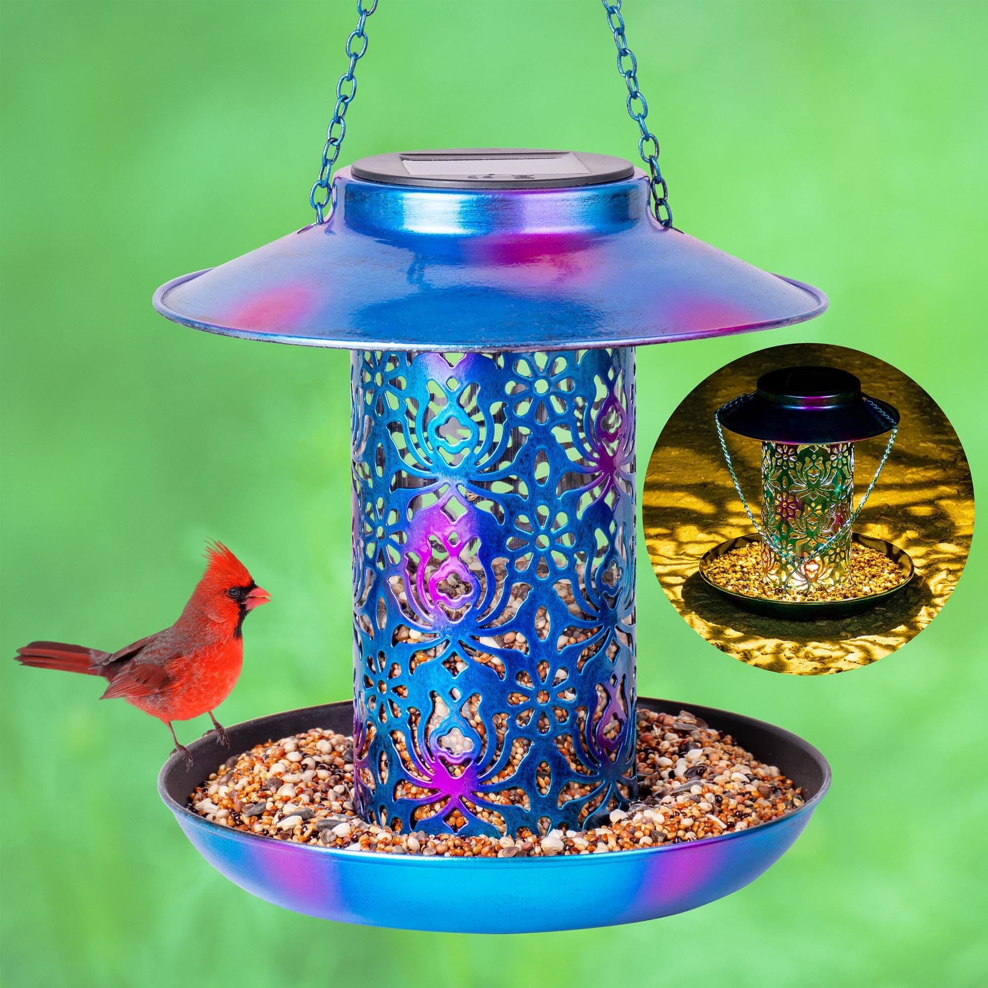 Solar Bird Feeder for Outdoors Hanging, Metal Wild Cardinals Garden Lantern with S Hook, Weatherproof and Water Resistant Birdfeeders as Gift Idea for Women Mom Grandma Bird Lovers (Blue)