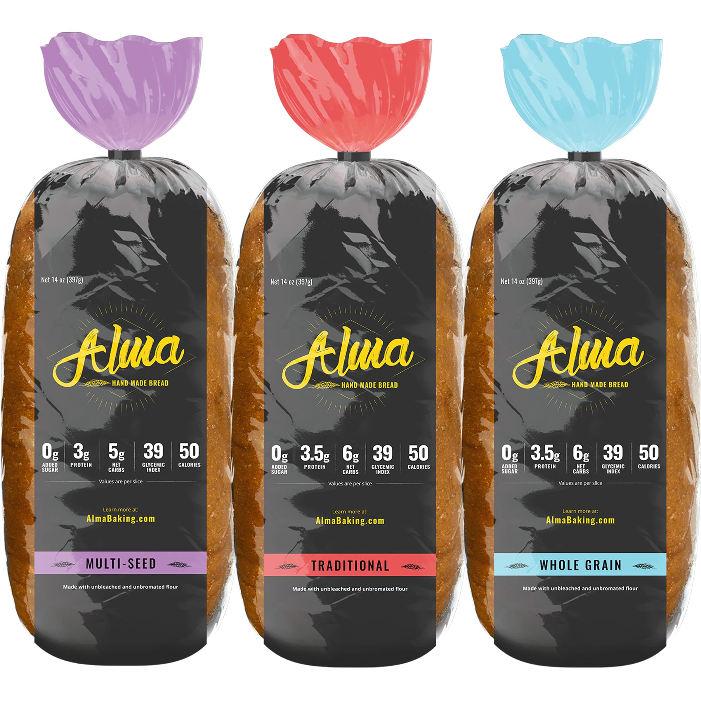 Alma Baking Bread – Low Carb, Low Glycemic, Keto Friendly, Low Calorie, Sugar Free – Sliced Loaf Sandwich Bread (Variety Sampler, 14 Ounces (Pack of 3))
