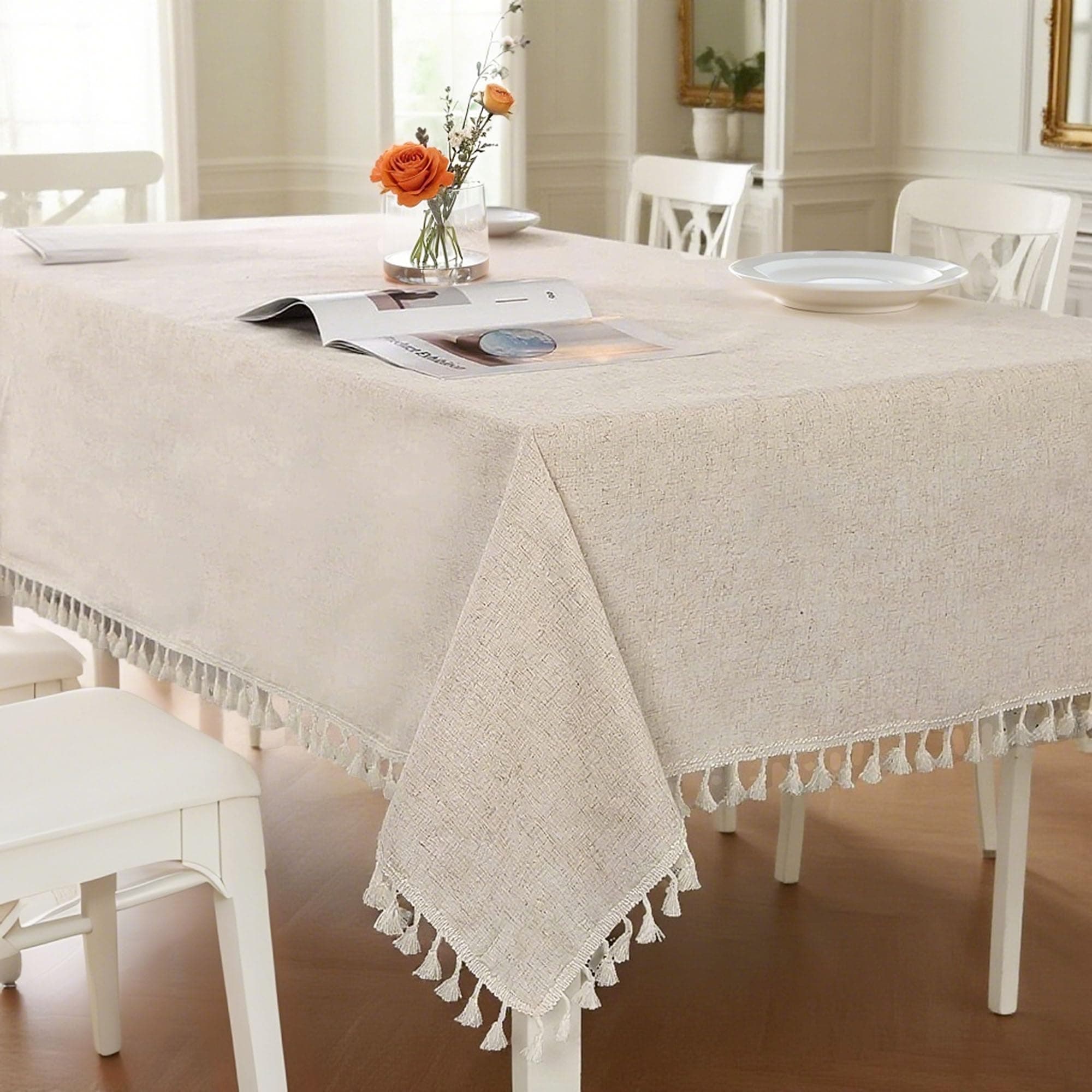 Tablecloth Rectangular Cotton Linen Table Cloth 140x220 cm, Solid Beige Tablecloths with Tassels Dust-Proof Washable Rectangle Table Cover for Dining Table Kitchen Room Decor Birthday Party