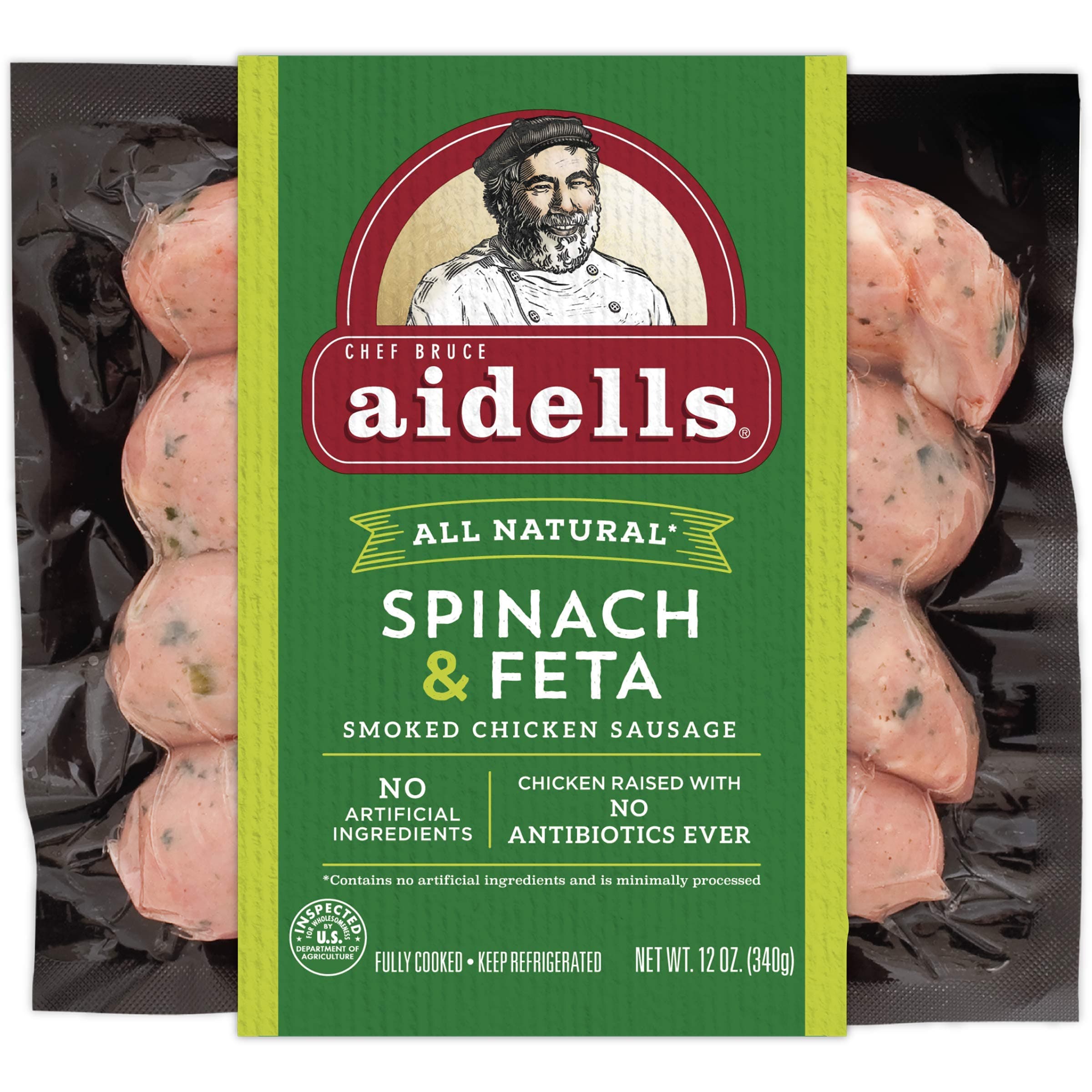 Aidells Smoked Chicken Sausage, Spinach & Feta, 12 oz. (4 Fully Cooked Links)