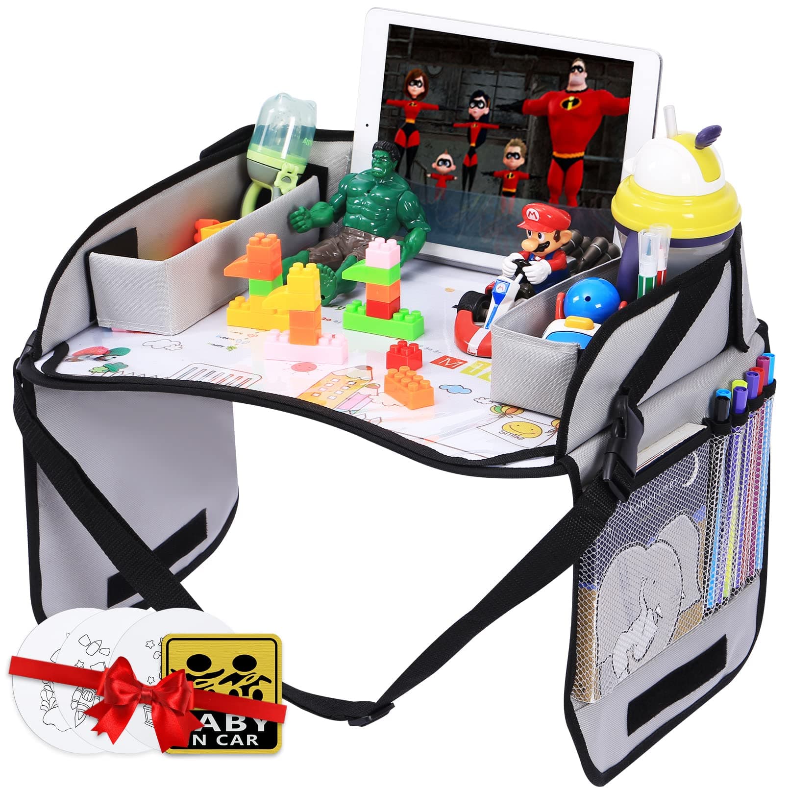 InnokidsKids Travel Lap Tray Children Car Seat Activity Snack and Play Tray Desk with Erasable Surface, iPad & Tablet Holder, Detachable Organizers for Cars, Planes & Baby Stroller (Gray)