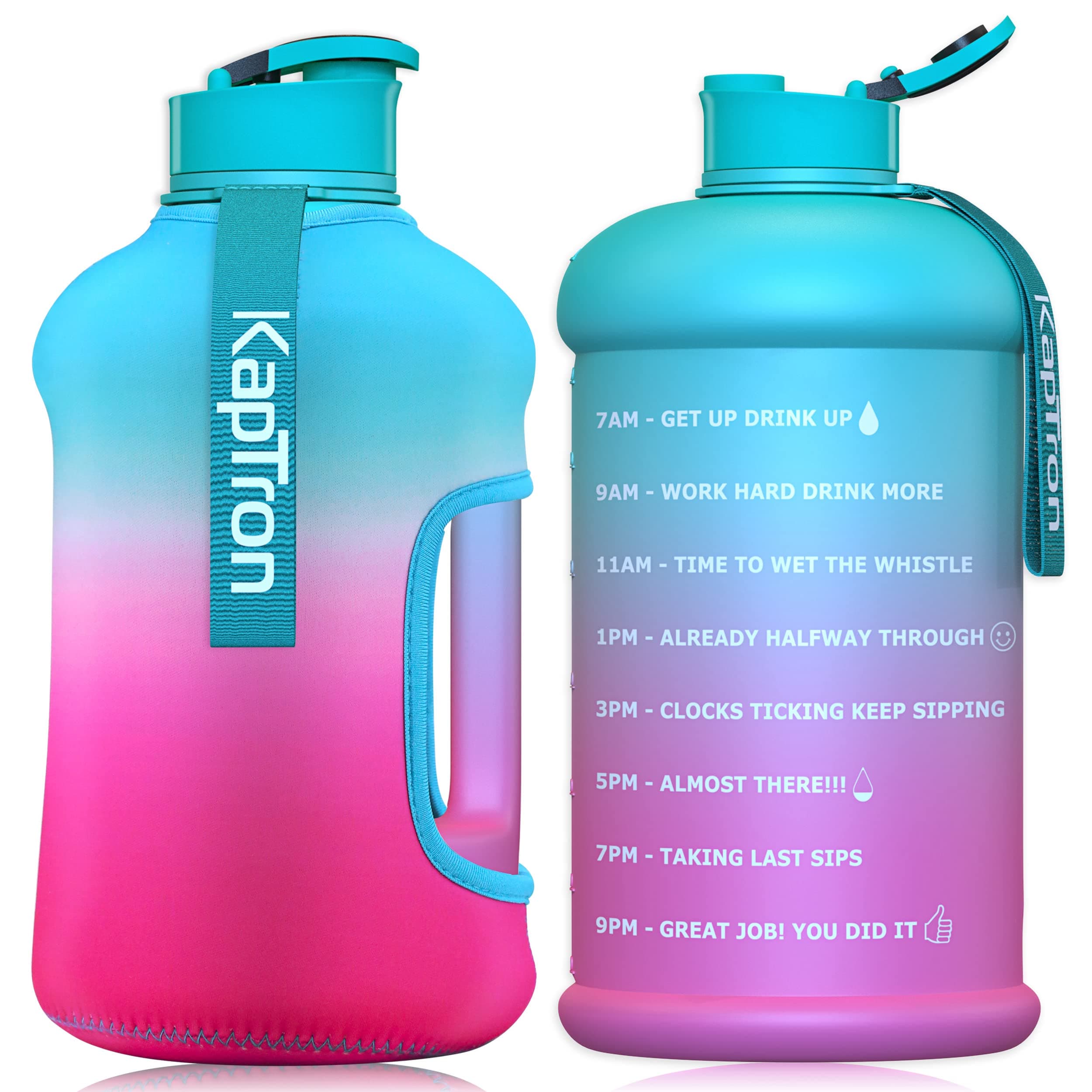 Kaptron Gym Water Bottle with Case - Bodybuilding Water Bottle - Strong Durable 2.2 Litre Water Bottles with Handle - BPA Free Large Half Gallon Sports Water Bottles (Blue Pink, Medium)