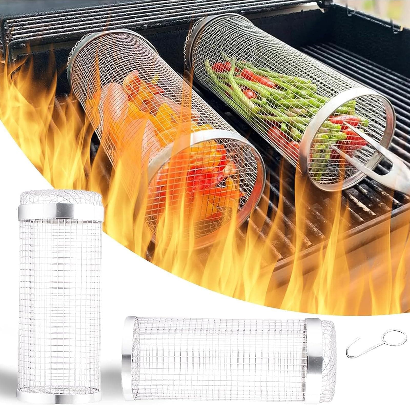 VUCATIN 2PCS Rolling Grilling Basket, Round Stainless Steel Rolling BBQ Basket, Portable Camp Barbeque Basket Grill Mesh Accessories for Outdoor Grill Fish Vegetables Meat Fries Shrimp -Large