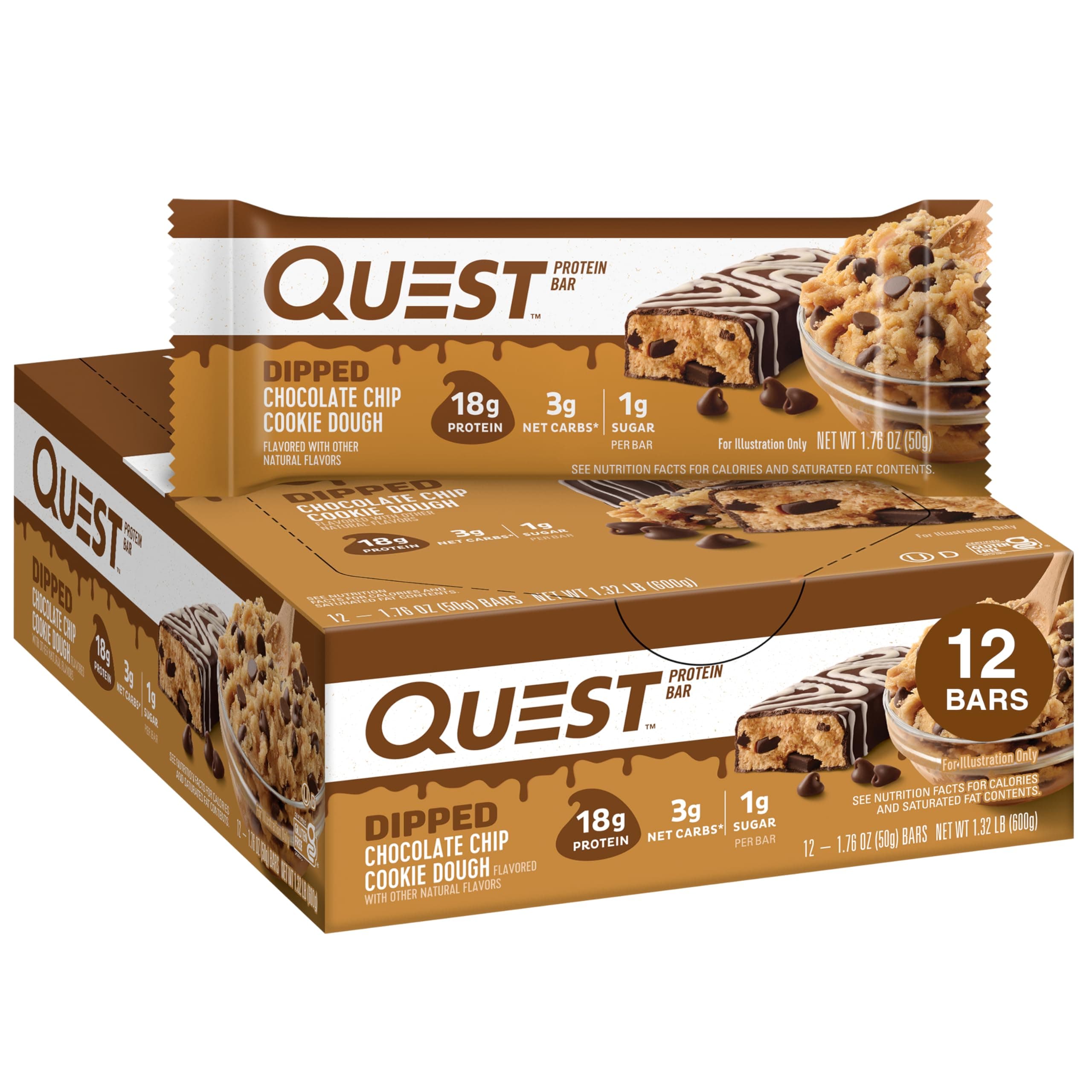 Nutrition Dipped Chocolate Chip Cookie Dough Protein Bars, 1.76 Oz, 12 Ct