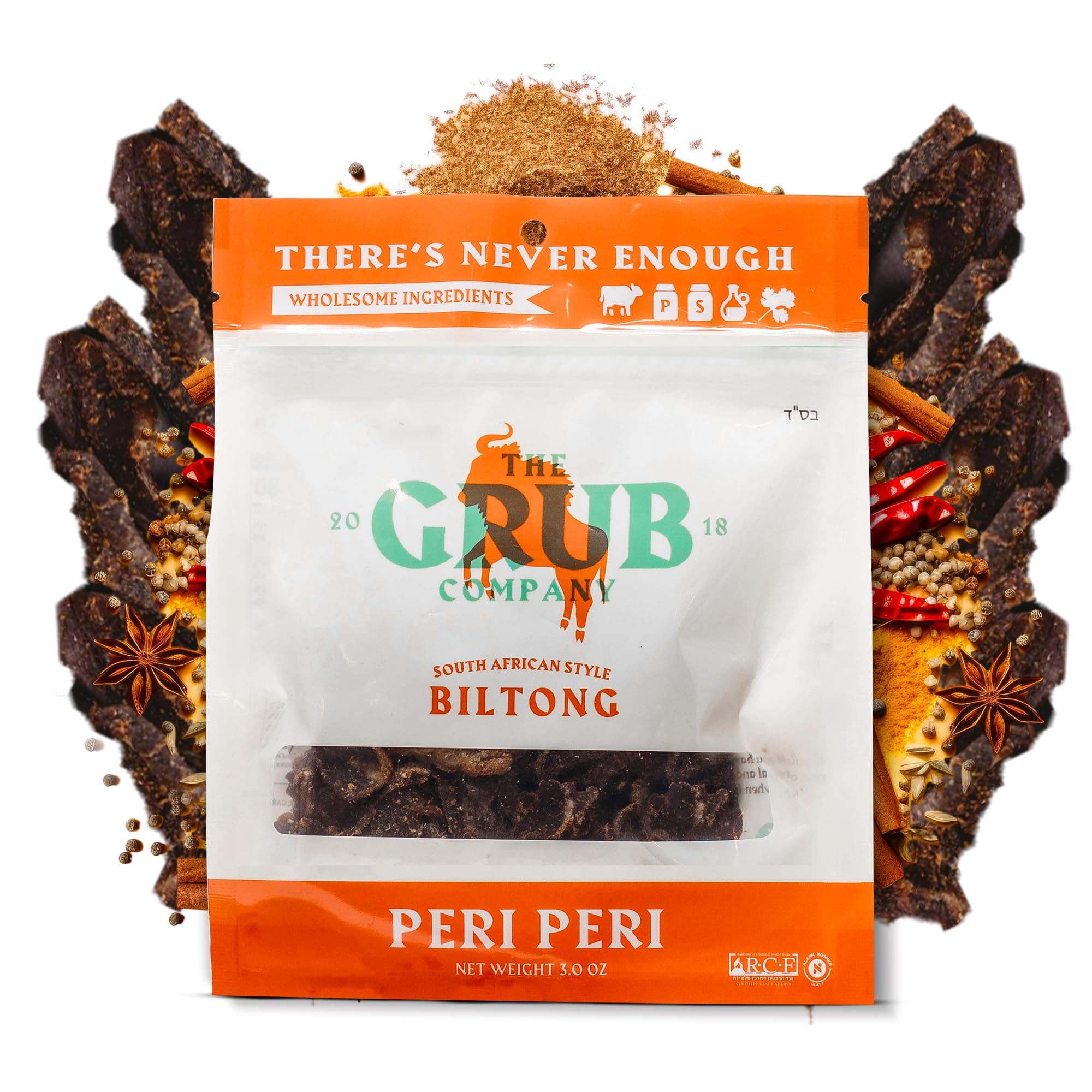 The Grub Company’s Glatt Kosher Peri-Peri Biltong | Enjoy The Spice, Protein, and Pure Deliciousness | Premium Biltong Delight To Spice Up Your Snack Game