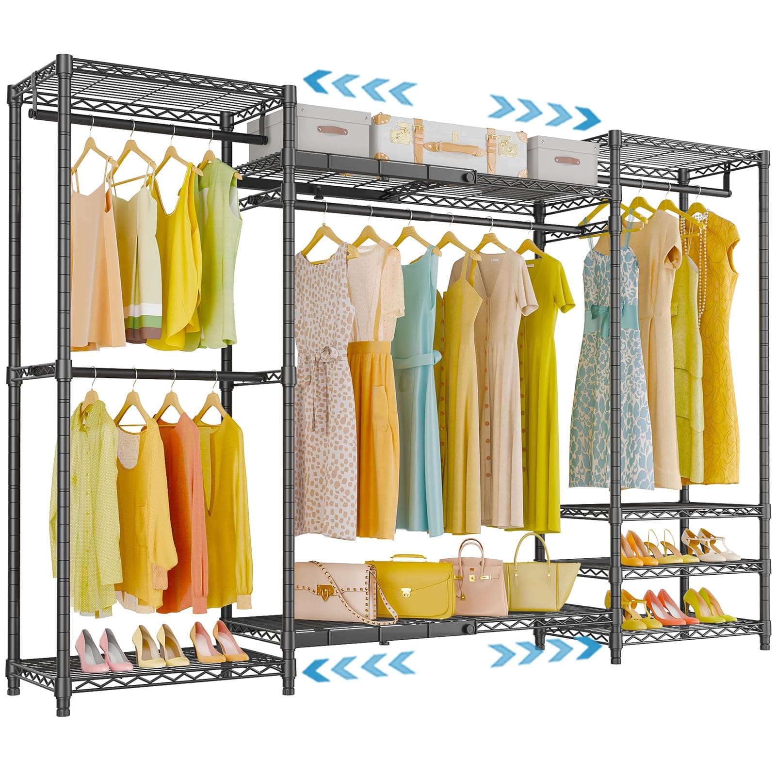 VIPEKX5 Heavy Duty Clothing Rack for Hanging Clothes, Large Freestanding Portable Closet Expandable Clothes Rack with 4 Hanging Rods & 8 Wire Shelves, Adjustable from 5.9 ft to 6.6 ft, Black