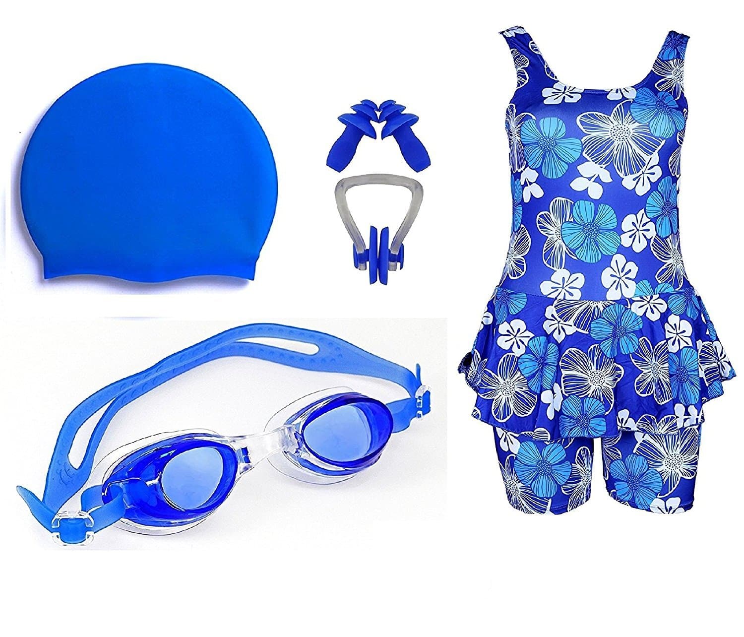 GOLDEN GIRL Girls Swimming Kit with Swimming Costume Swimming Goggles Silicone Swimming Cap Ear Plugs and Nose Clips (Blue_9-10 Years)