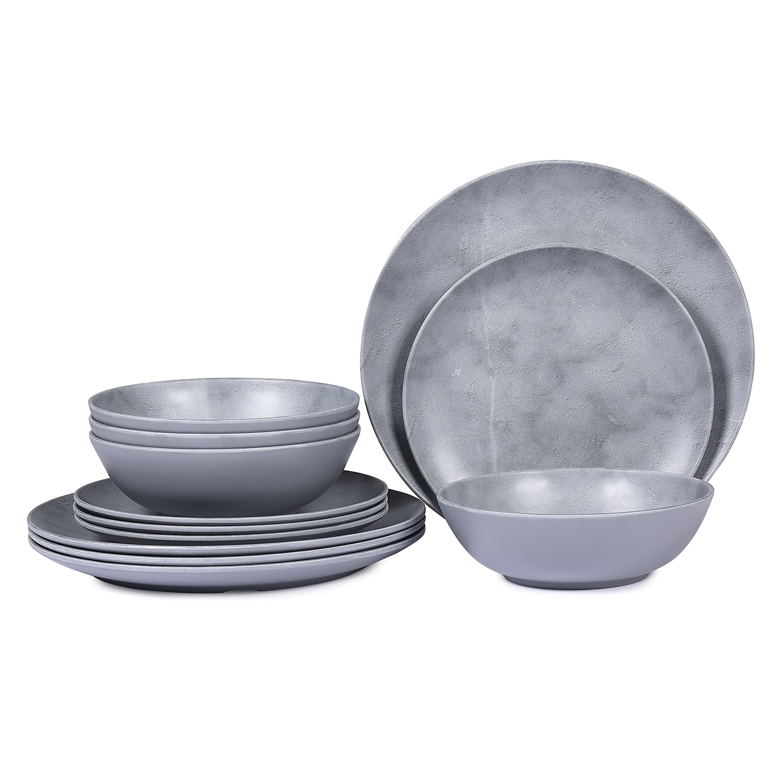 Melamine Dinnerware Set,12Piece Plates and Bowls Sets,Indoor and Outdoor Use, Dishwasher Safe, Service for 4, Cement Design,Grey