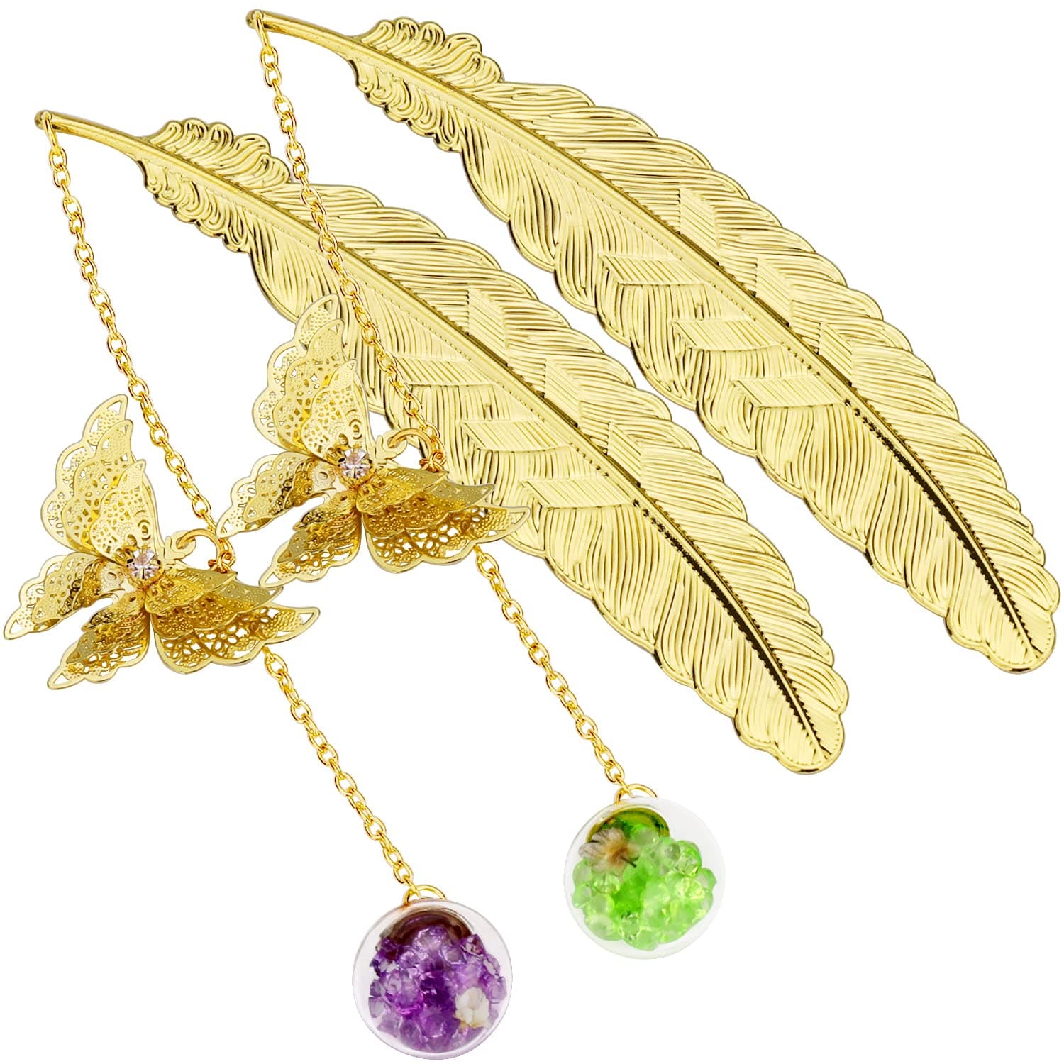 ZIZZON Metal Feather Bookmark with 3D Butterfly Pendant Christmas Thanksgiving Unique Gift for Book Lover Teacher Women and Girls 2 Pack