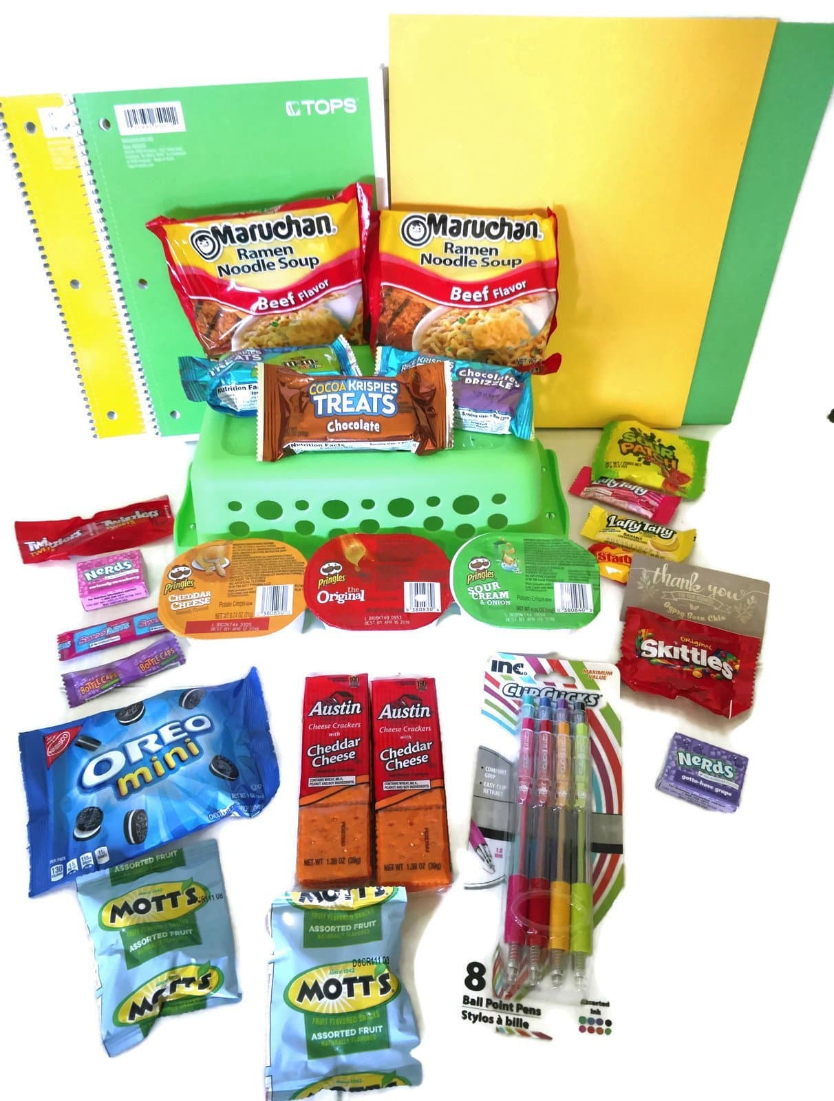 College Care Package - College Snack Supply Basket College Ruled Paper - 29 Piece Basket Care Package - College Gifts for Girls and Guys