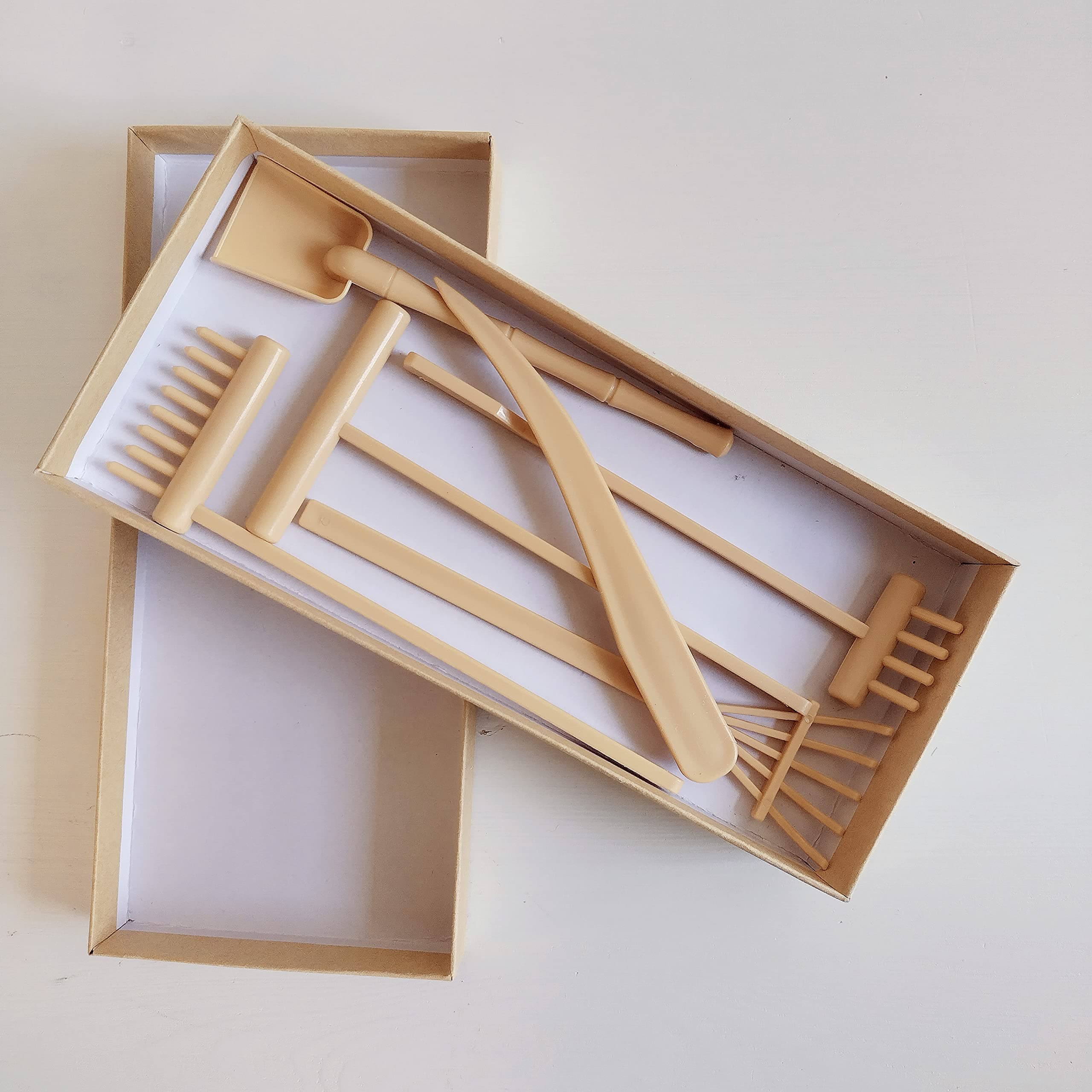 Japanese Mini Zen Garden Tool Kit Set Six Pieces + Premium Quality Box Stylish Design Easy to Clean Mould Free Sturdy and Functional Perfect Match for DIY Mini Zen Garden (Plastic - White)