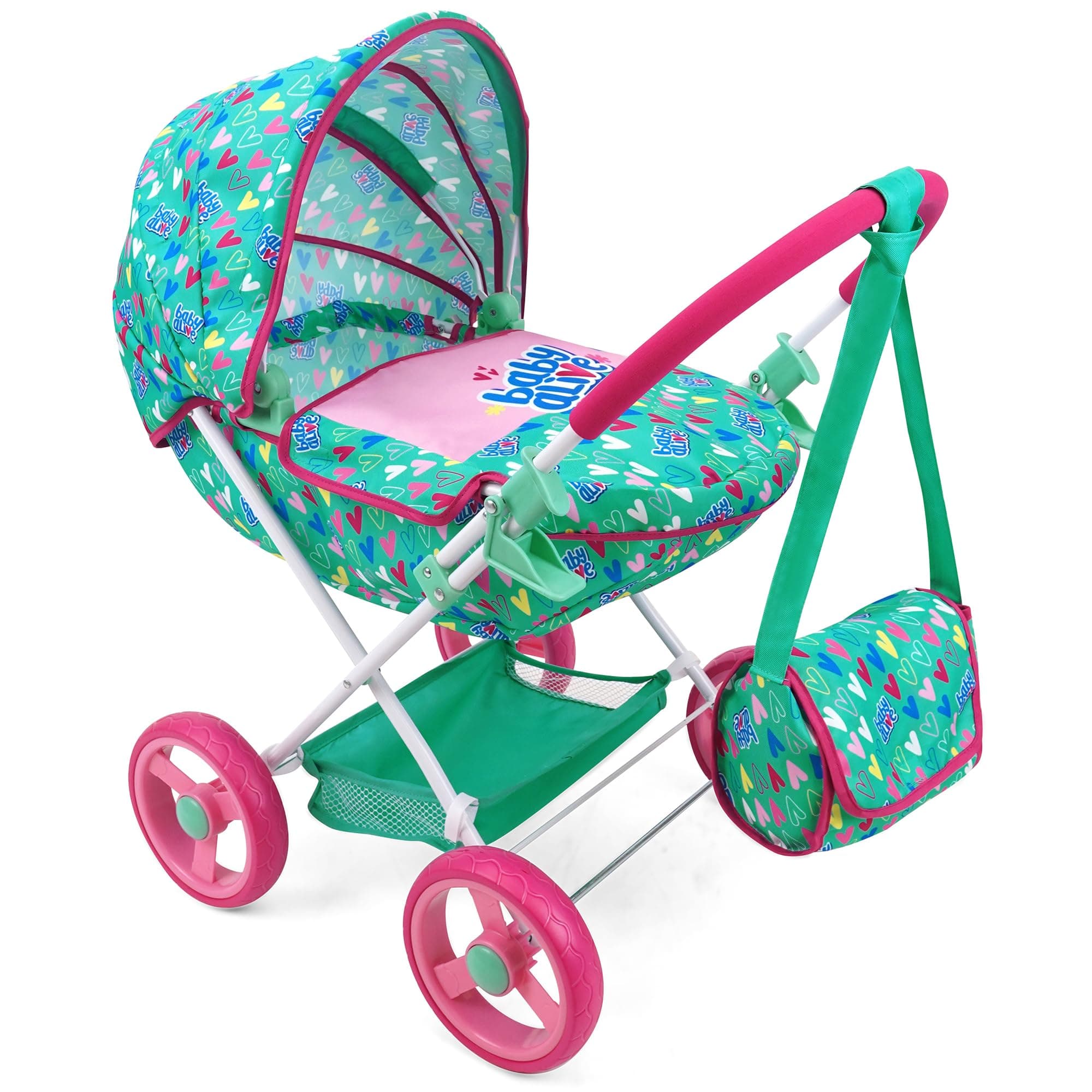 509 Crew : Deluxe Classic Doll Pram - Green, Pink, Hearts - Accessory for Dolls Up to 18", Matching Shoulder Bag, Foldable, Storage, Kids Toy, Age 3+