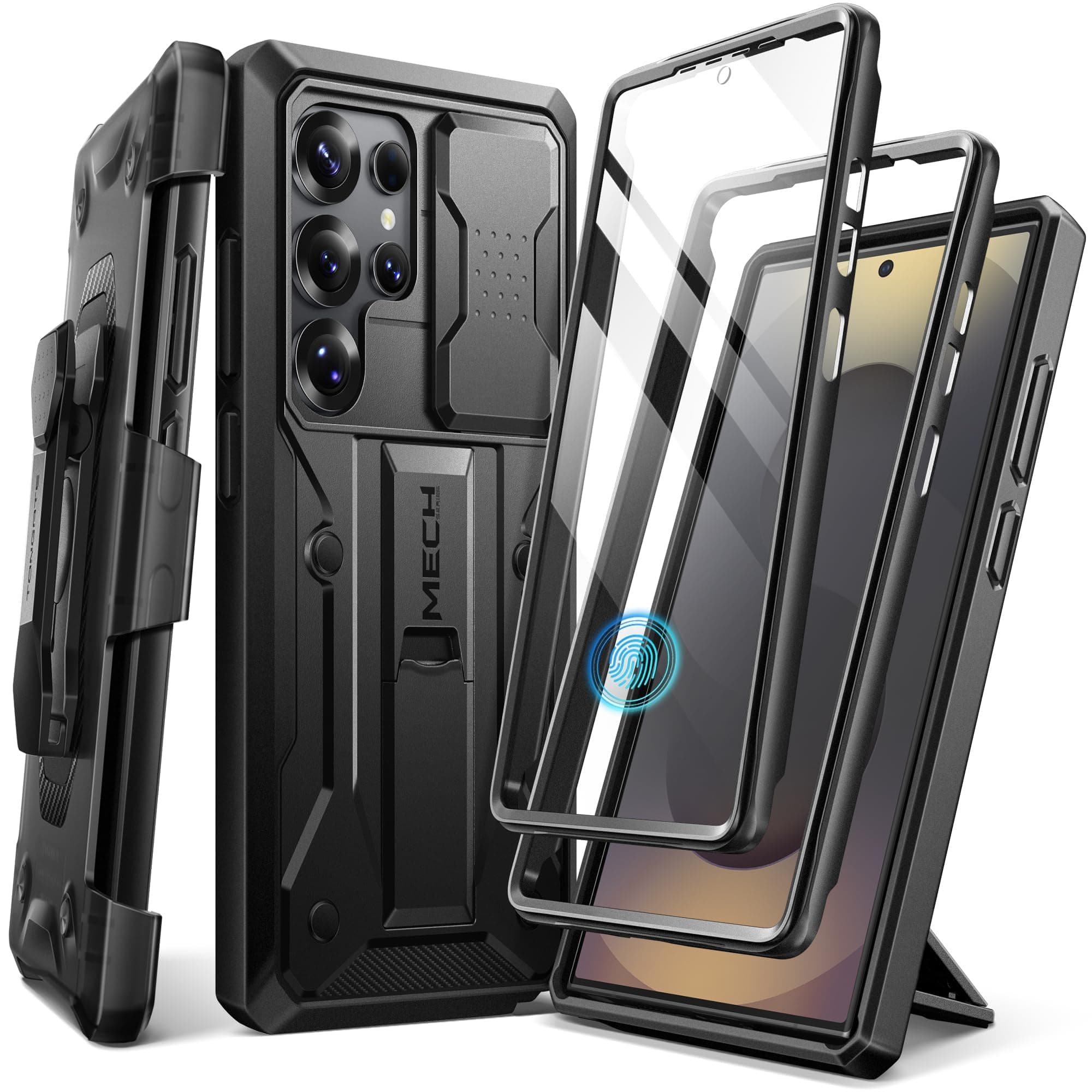 TONGATE for Samsung Galaxy S25 Ultra Case, [Built-in Slide Camera Cover & Screen Protector] [2 Front Frames] Full-Body Heavy Duty Shockproof S25 Ultra Phone Case with Stand & Belt Clip Holster, Black