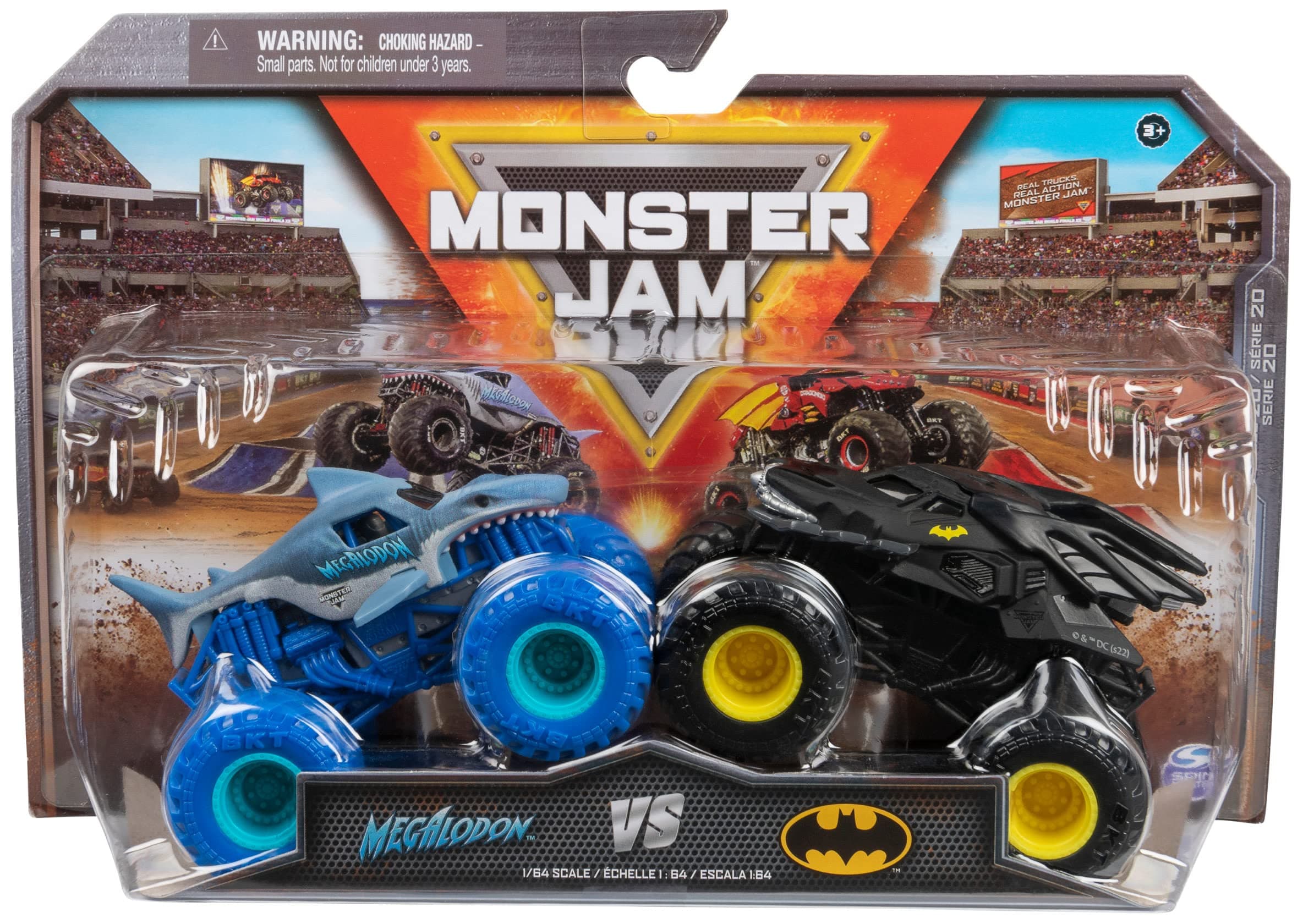 Original Two Pack with the Batmobile vs. Megalodon - Authentic Monster Trucks in 1:64 Scale