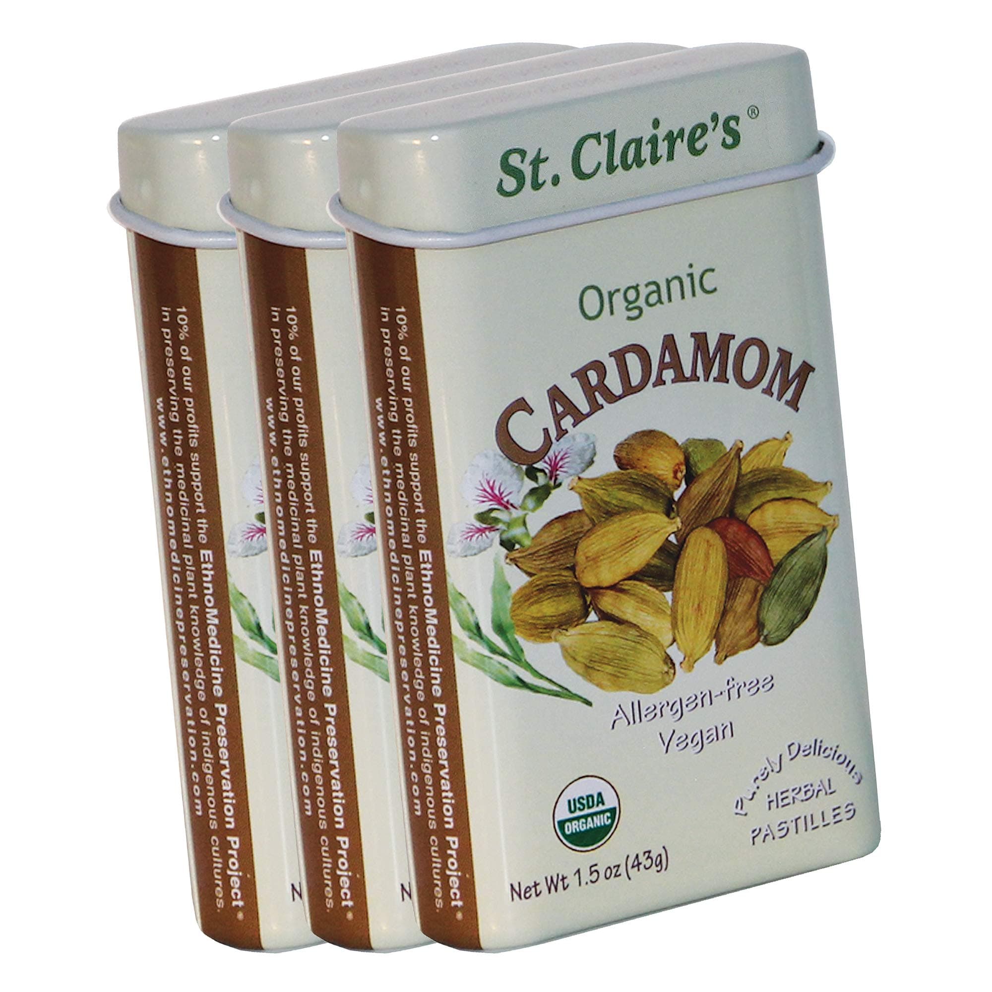 St. Claire's Organic Herbal Pastilles, (Cardamom, 1.5 Ounce Tin, Bundle of 3) | Gluten-Free, Vegan, GMO-Free, Plant-based, Allergen-Free | Made in our Allergen-Free facility