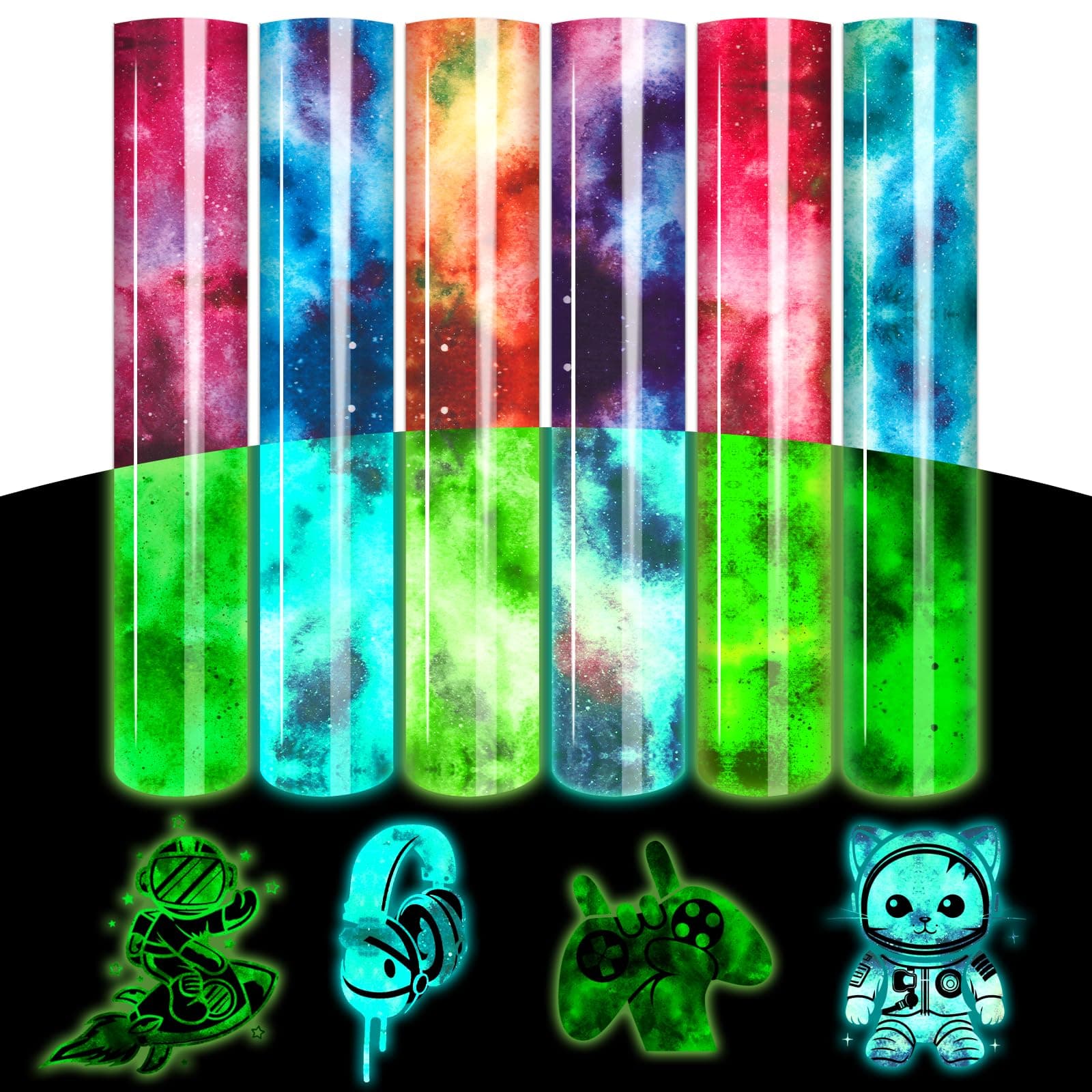 Tintnut Grow in Dark Galaxy Heat Transfer Vinyl-12x10 inch 10 Sheets Luminous Color Changing Iron on Vinyl HTV DIY T-Shirts for Cricut Silhouette Cameo