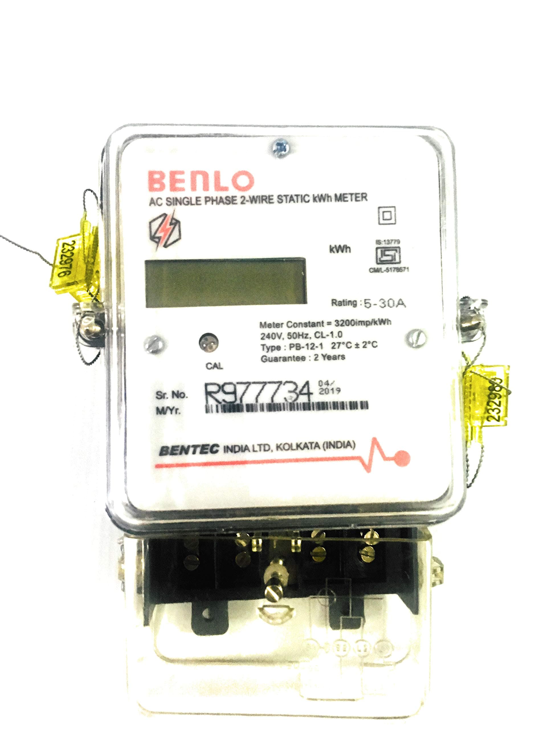 BENTEC Benlo Electronic Energy Sub Meter AC Single Phase 2-Wire Static kWh (LCD Type) Display Class-1 5-30 Ampere, Small, White