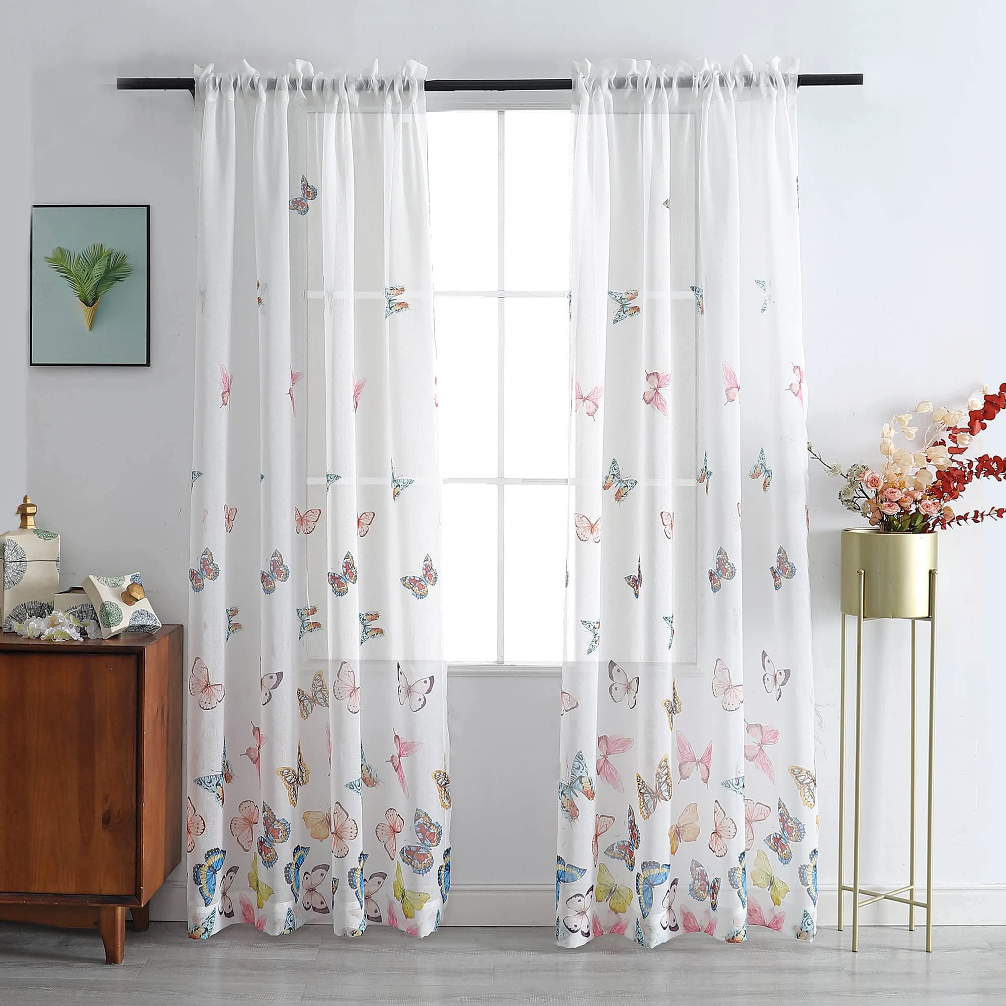 VISIONTEX Sheer Curtains 84 Inches Long 2 Panels Set, Modern Colorful Butterflies Digital Print, Rod Pocket White Voile Tulle Semi Window Treatment Pair for Bedroom, W54 x L84