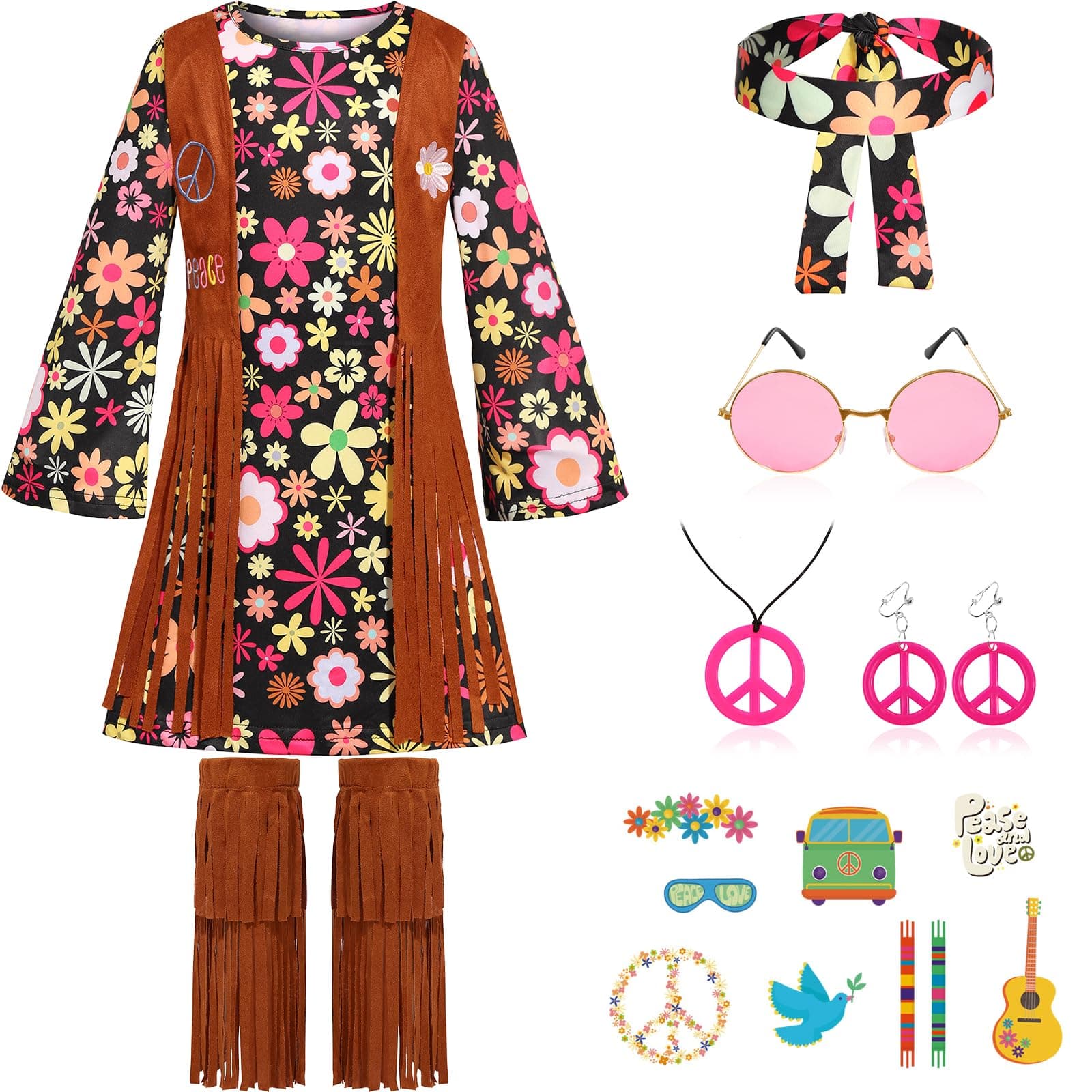 Girls Hippie Costume 60s 70s Outfits Halloween Party Dress Up