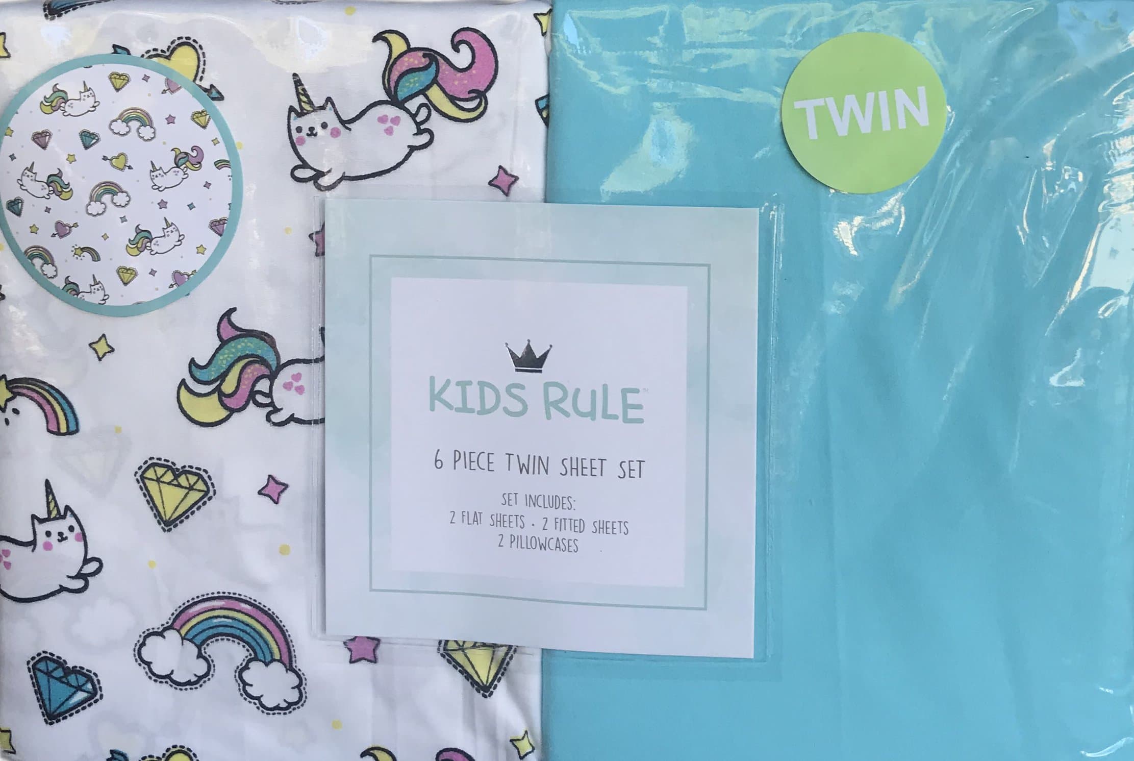 Kids Rule Caticorn Cat Unicorn Rainbows and Hearts 6 Piece Twin Sheet Set