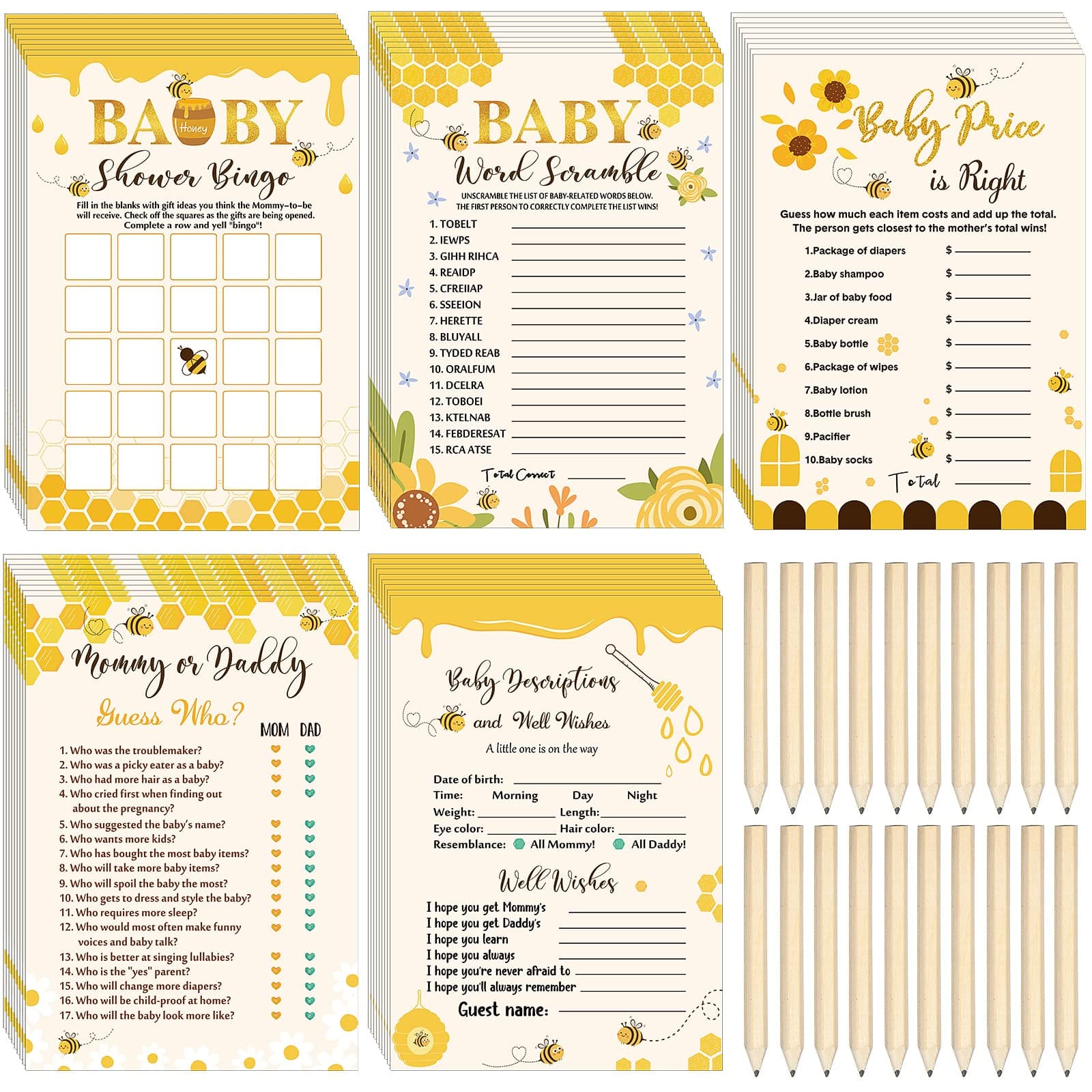 Roowest 145 Pcs Bee Baby Shower Games Gender Neutral Set Includes 125 Pcs 5 Kinds Party Games 20 Pencils for Honeycomb Bee Baby Shower Decorations Favors Gender Reveal Party Supplies