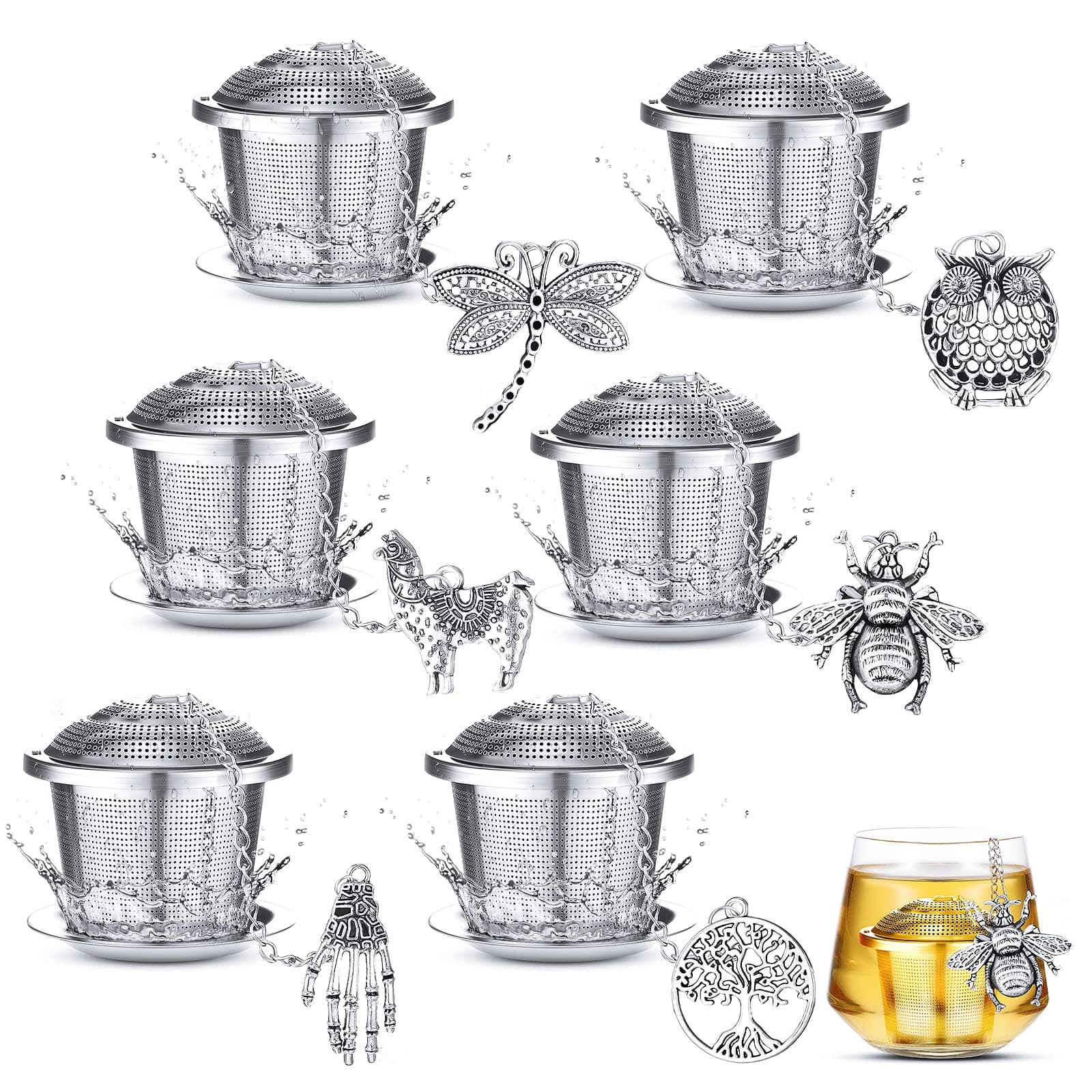 Retro Style Tea Leaf Mesh Strainer Infuser Set - 6 Pcs Stainless Steel Tea Ball Strainer with Charm Pendant & Extended Chain Hook