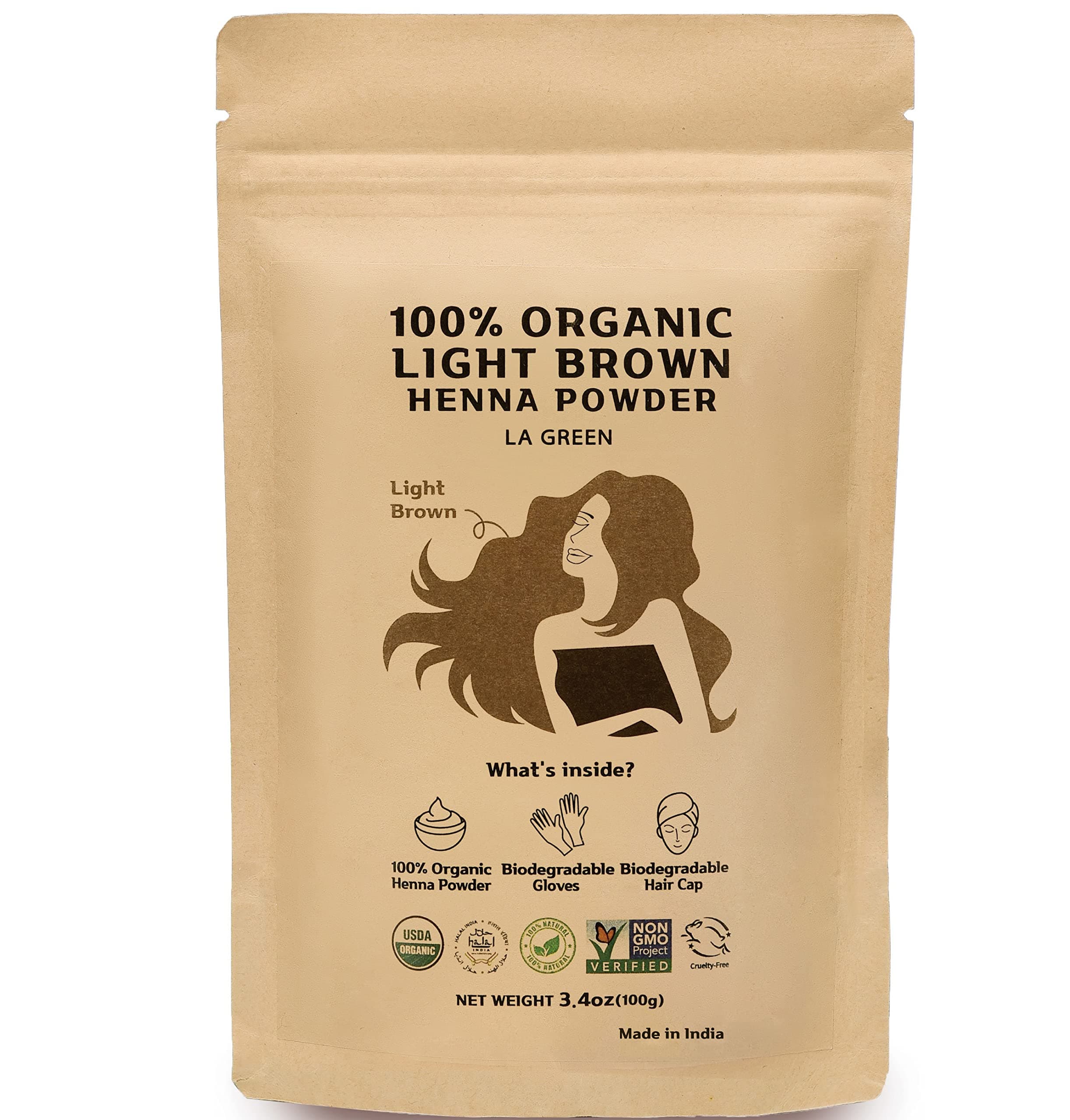 100% Organic USDA Light Brown Henna Powder For Hair Dye - Natural Hair Color, Best For Hair, Soft Shiny & Healthy Hair, No Chemical or Additive, Including application gloves & hair cap - LA GREEN 100g