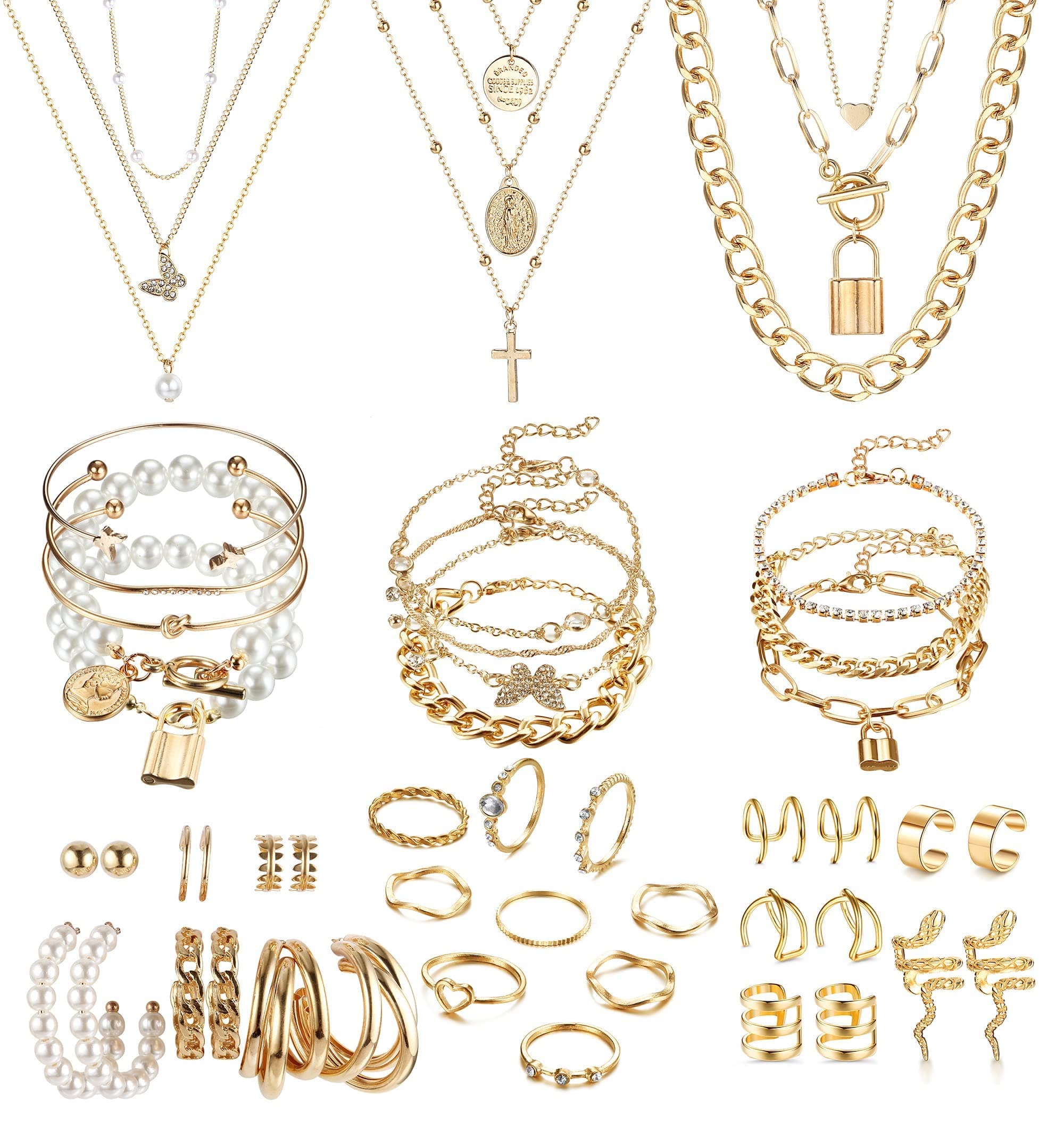 46Pcs Gold Plated Jewelry Set for Women with 3PCS Necklace 12Pcs Bracelets 9Pcs Knuckle Rings 10PCS Ear Cuffs Earring and 12pcs Gold Earrings Women Accessories Jewellery