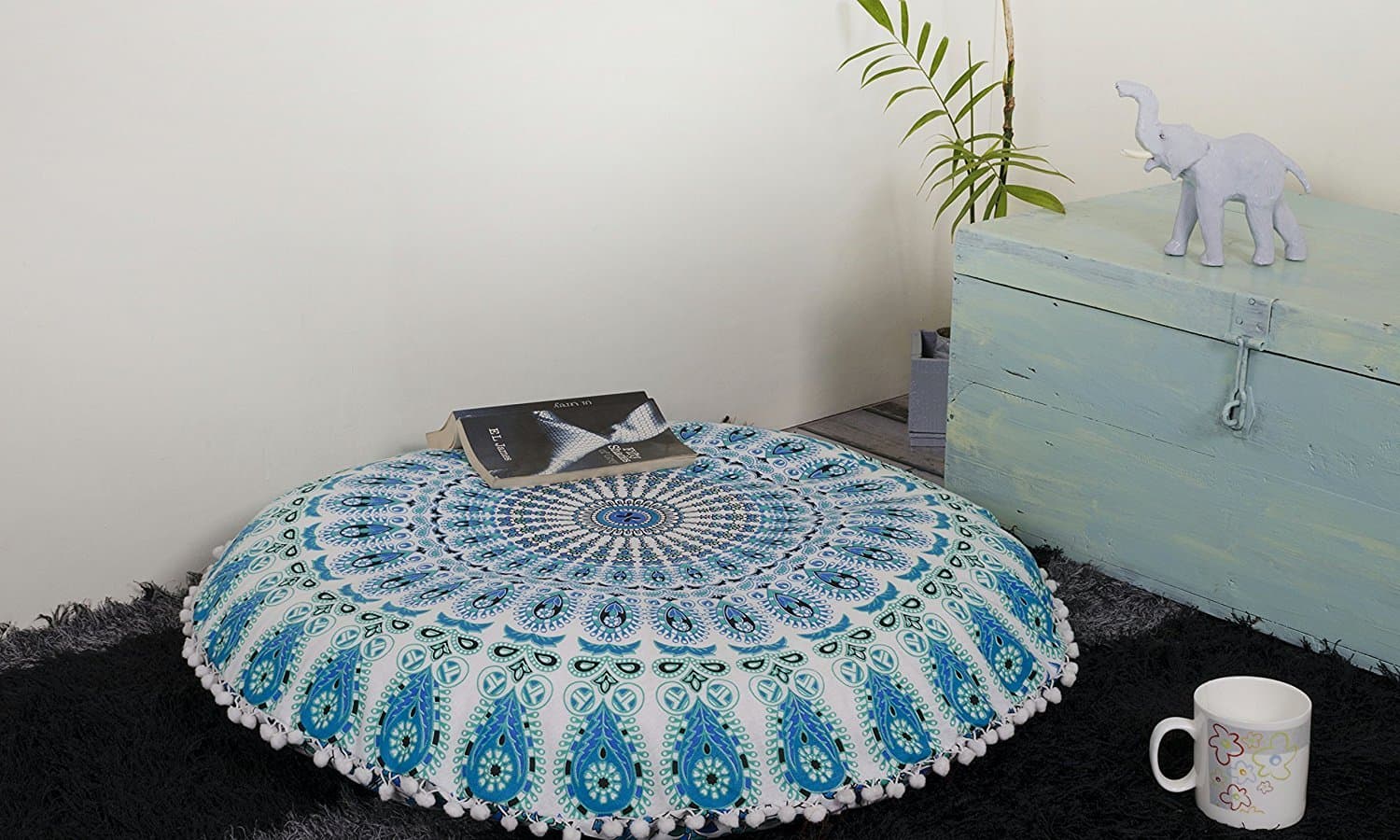 Aakriti Gallery Mandala Floor Round Pillowcase Pillow Meditation Cushion Seating Throw Cover Decorative Bohemian Boho Indian Cover Only (35 inch/89 cms) (White)