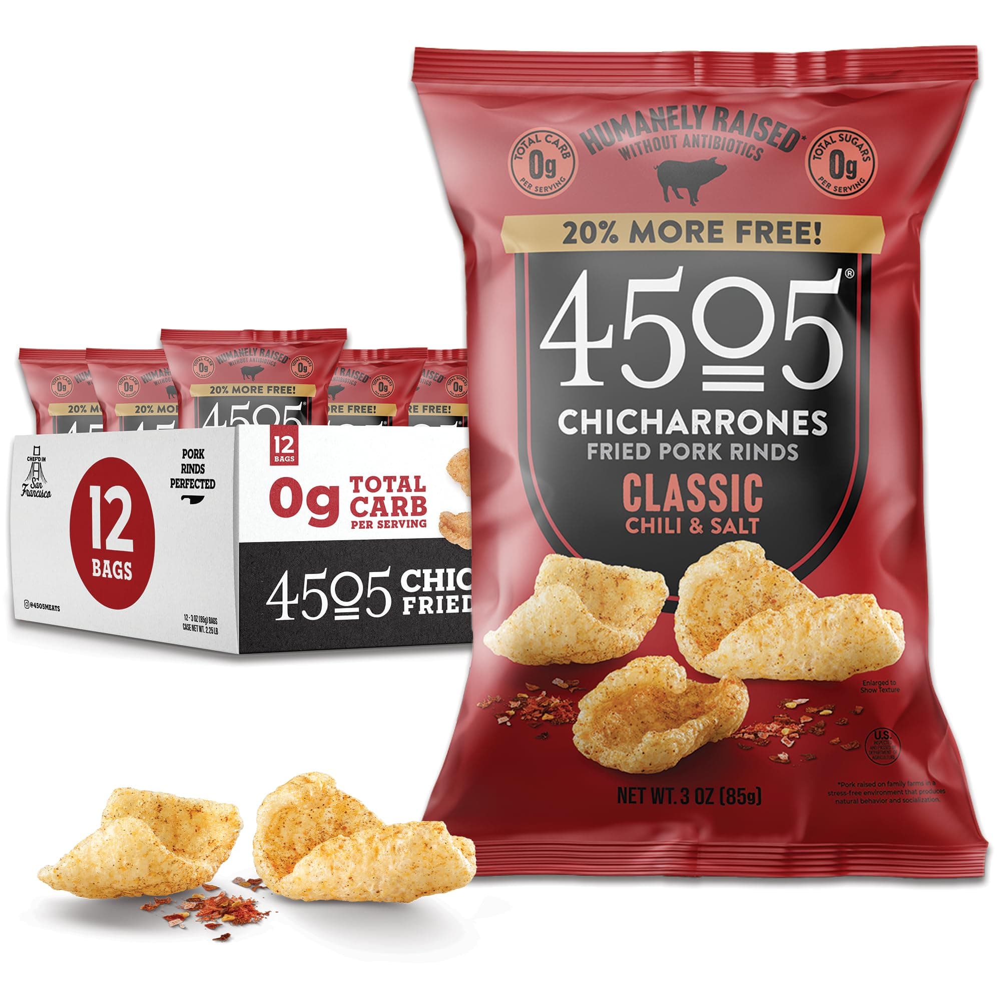 4505 Classic Seasoned Chicharrones, Fried Pork Rinds - Classic Chili & Salt Flavored Pork Skins - Low Carb, Gluten-Free, Protein Snack - 3oz