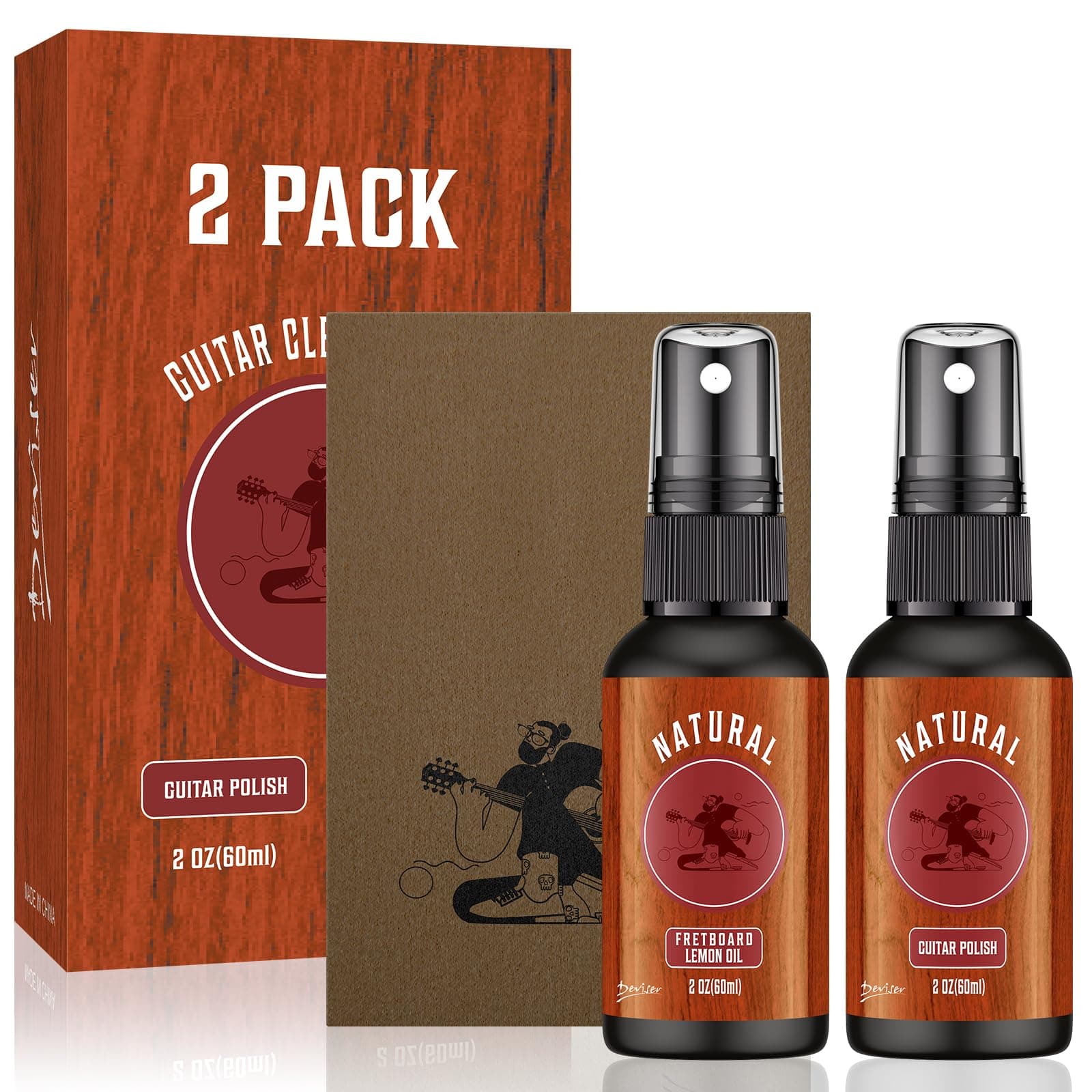 Guitar Cleaner Spray 2 PACK,All IN ONE Kit,fretboard Lemon oil,Guitar Polish,Cleaning cloth for guitar cleaning and maintenance 2OZ Acoustic,Electric,Bass,Ukulele