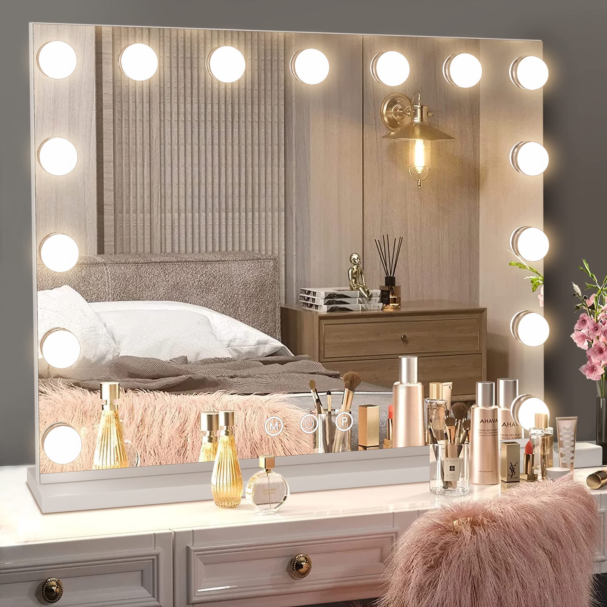 NeuType 23" x 19" Hollywood Vanity Mirror Makeup Light Makeup Mirror with Smart Touch Control with USB Port Dimmable Bulbs, 15 Pieces, 5x Magnification, 3 Color Lighting Modes, White