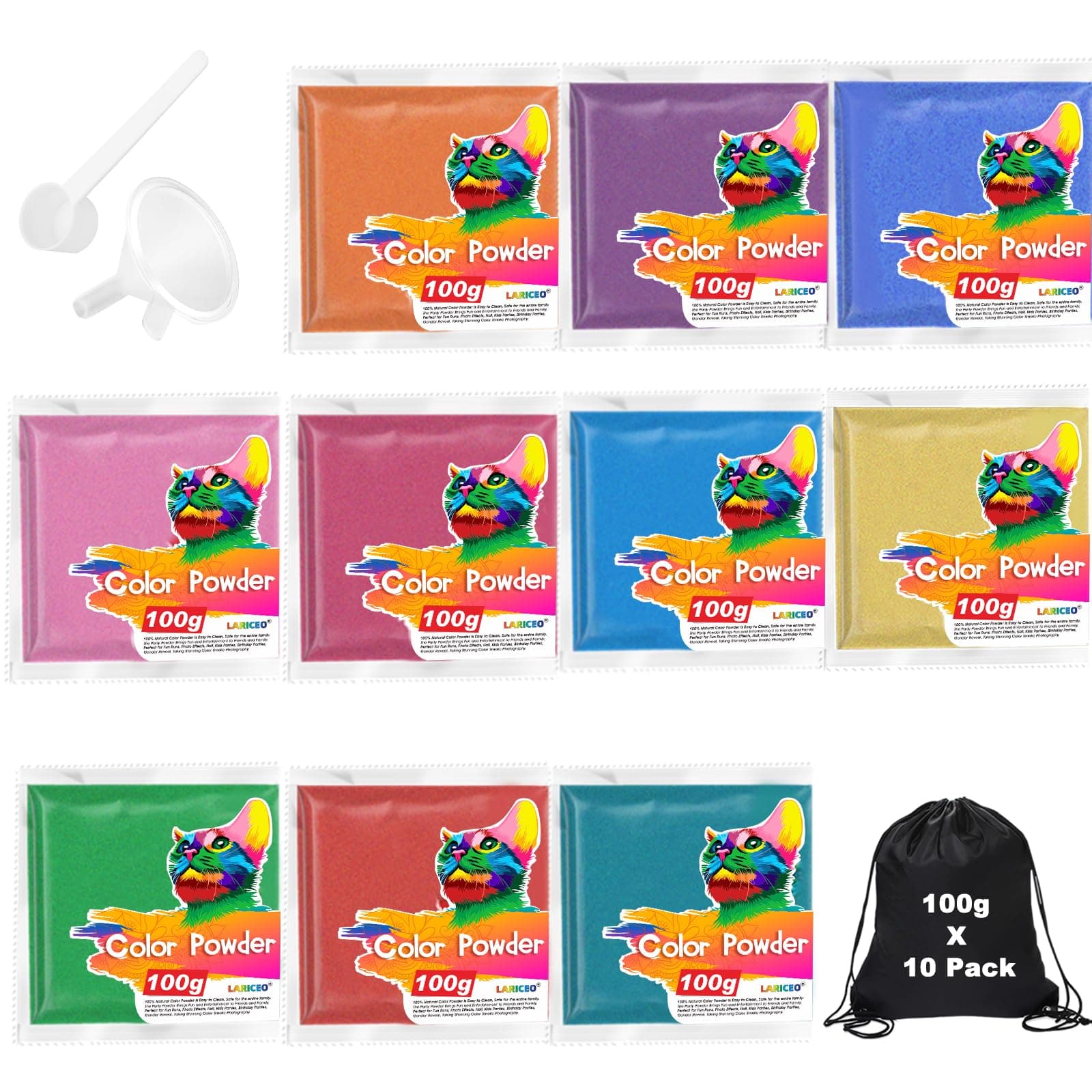 10-Pack Natural Holi Color Powder (100g Each), 10 Vibrant Colors with Backpack, Spoon, Funnel, Color Run Powder for Toss, Rangoli, Fun Runs, Summer Camps, Festivals, Gender Reveals & Parties