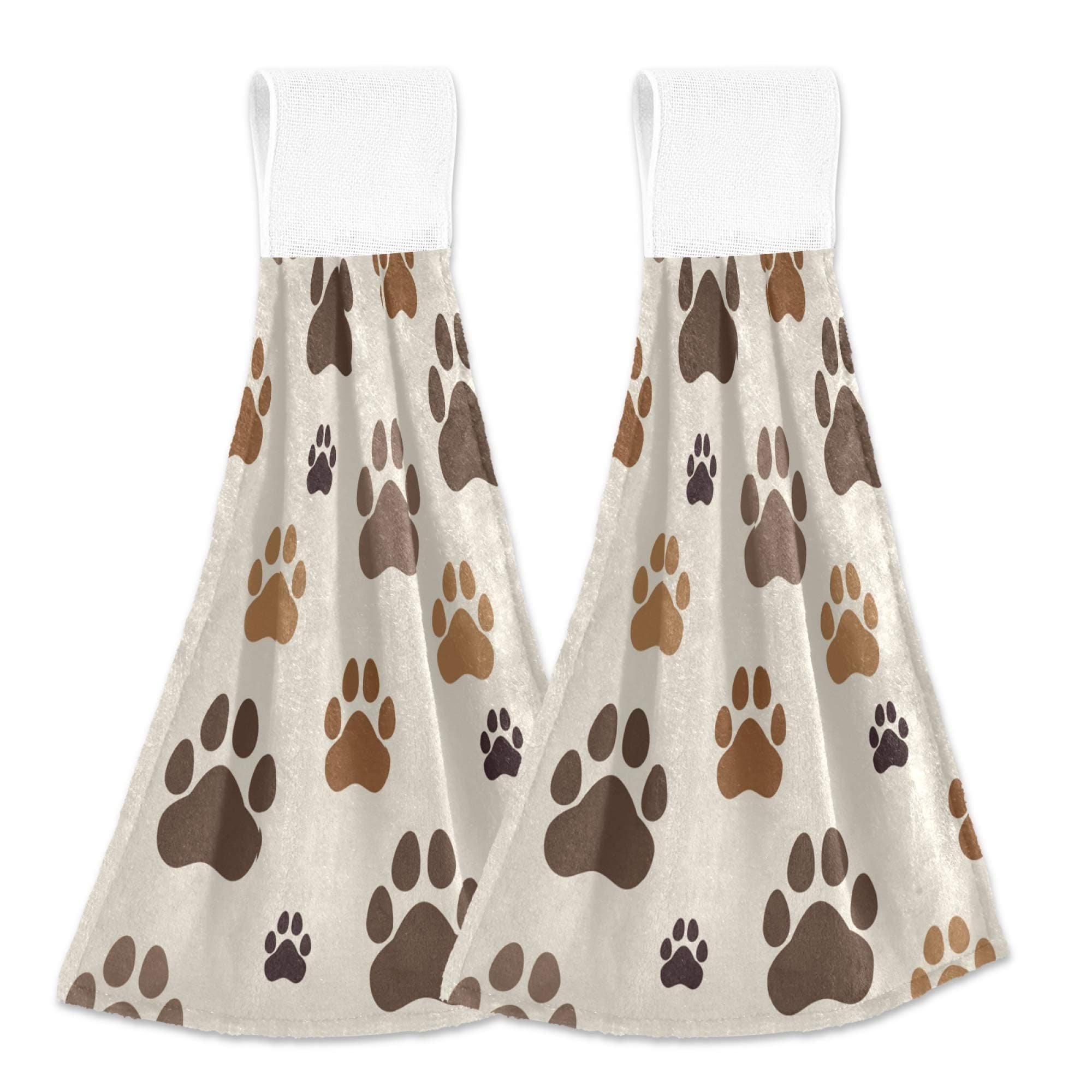Dogs Paw Prints Hanging Kitchen Towels Animal Pets Bathroom Hand Tie Towel Fast Drying Dish Tea Towels for Bath Tabletop Gym Home Decor Set of 2