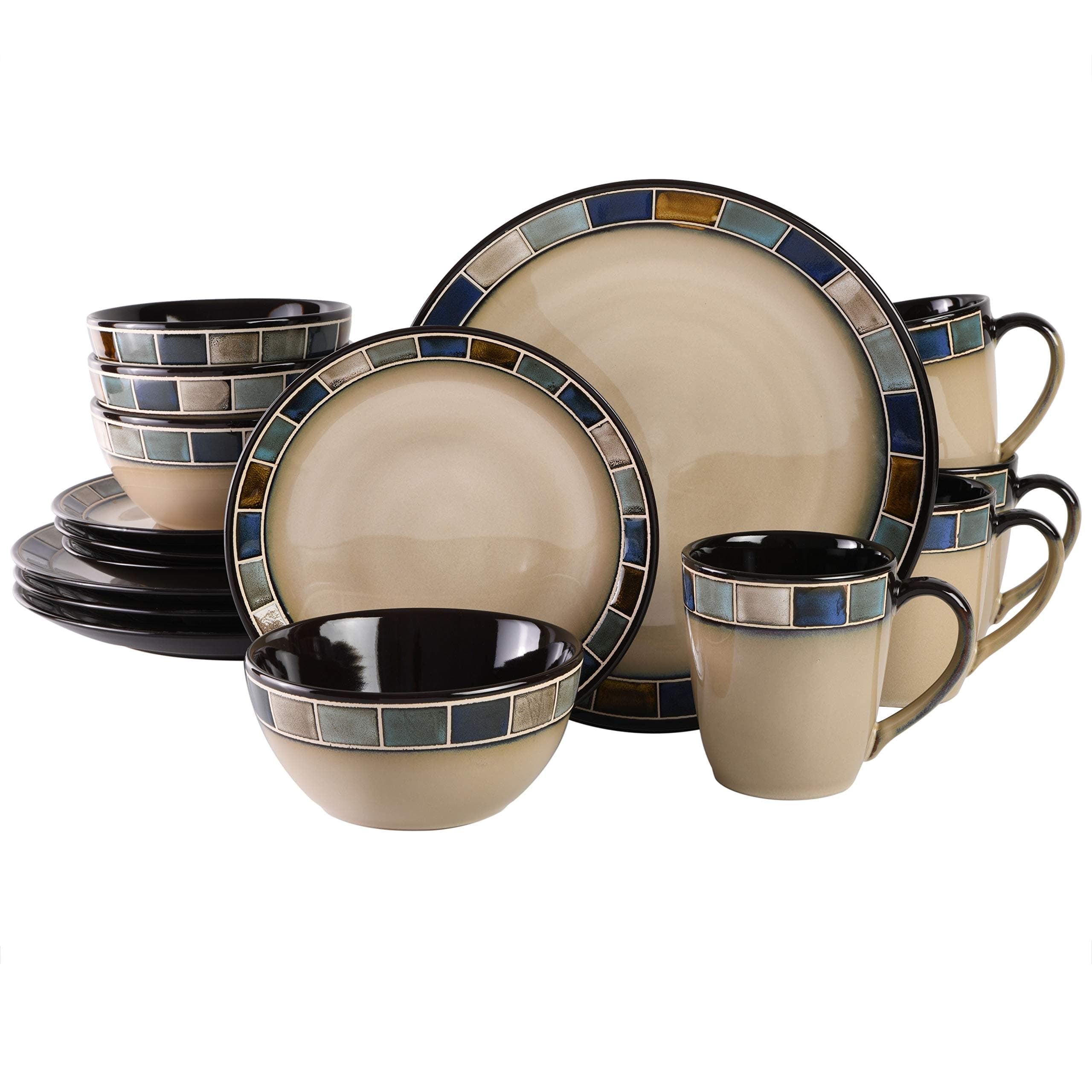 Gibson Elite 114339.16R Casa Azul 16 Piece Reactive Glaze Dinnerware Set, Cream and Blue