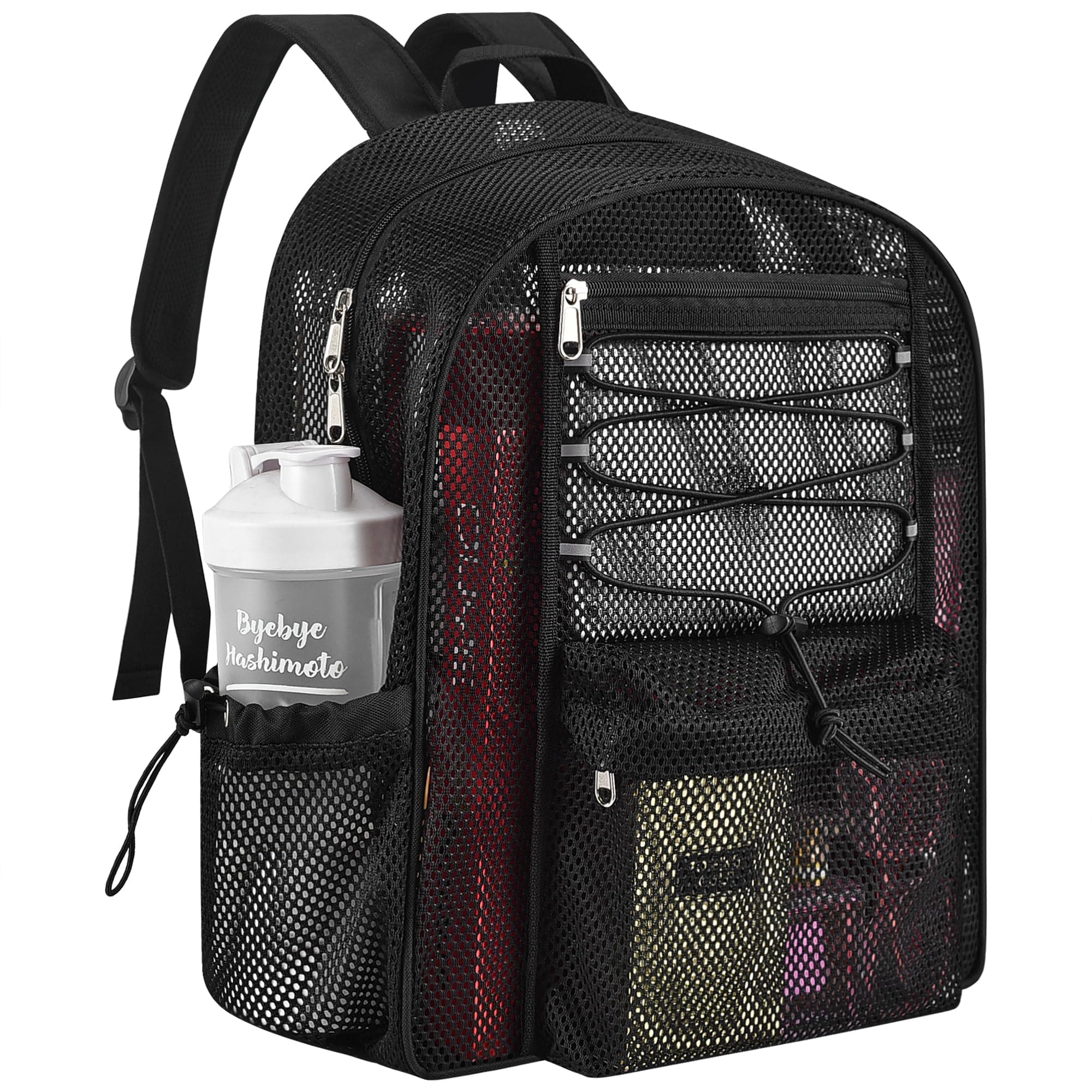 Mesh Backpack Heavy Duty for School, 24L Large Mesh Bookbag for Adults, Black School Bag with Comfort Padded Straps for Work Swimming Beach Fitness Sport