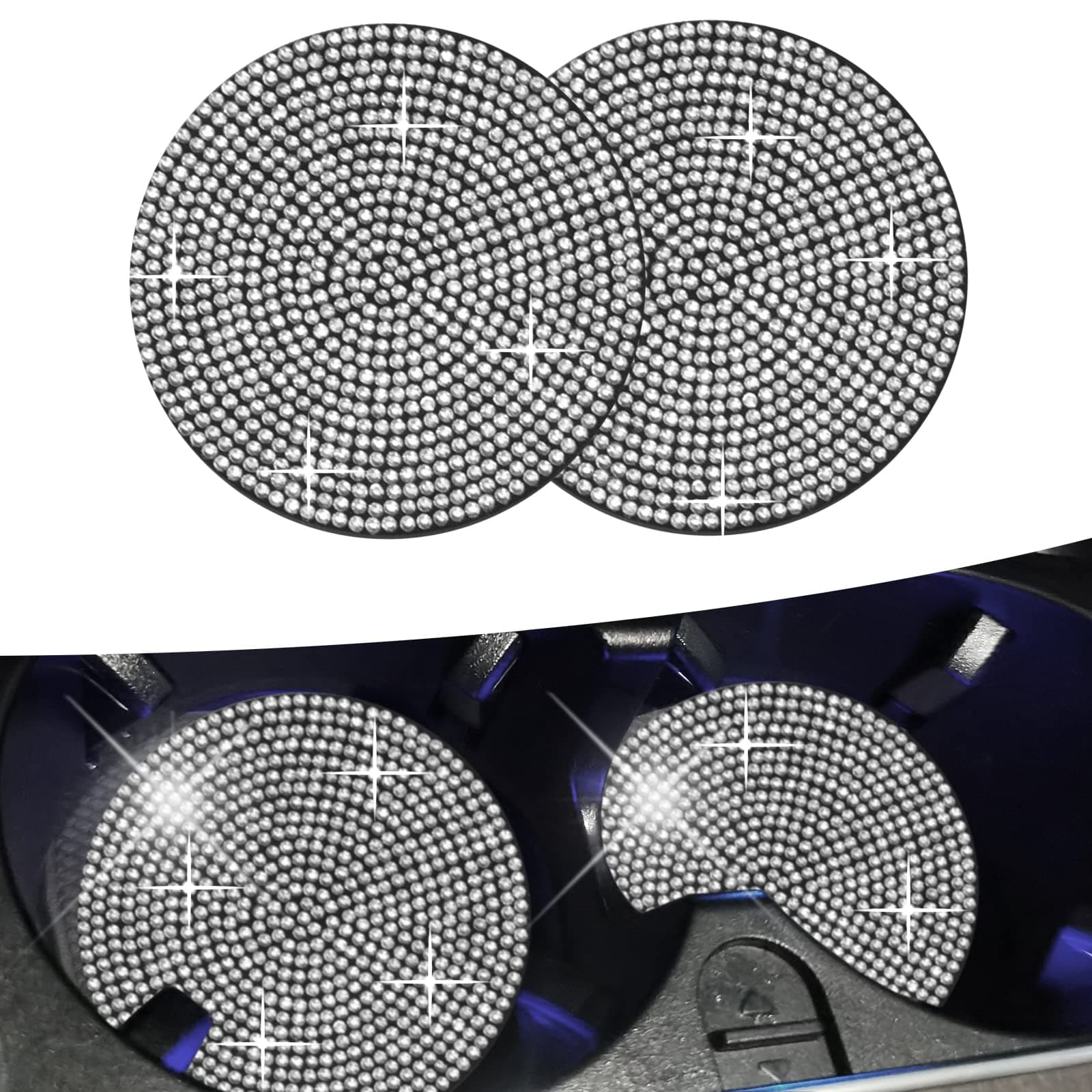 2 Pack Coaster for Car Cup Holder,Auto Anti Slip Bling 2.75 inch Surface Full Crystal Rhinestone Coaster Car Interior Accessories（White）