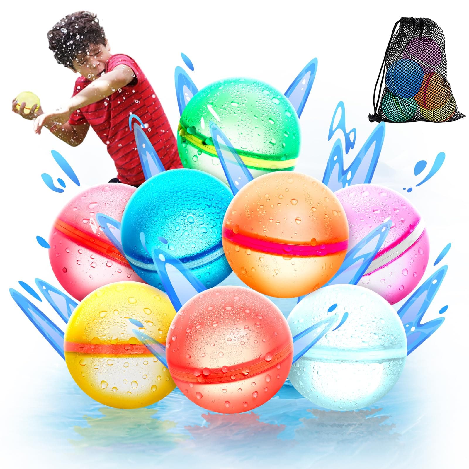 【8 Pack】Reusable Water Balloons for Kids Adults Outdoor Activities, Kids Pool Beach Bath Toys, Magnetic Self-Sealing Water Bomb for Summer Game