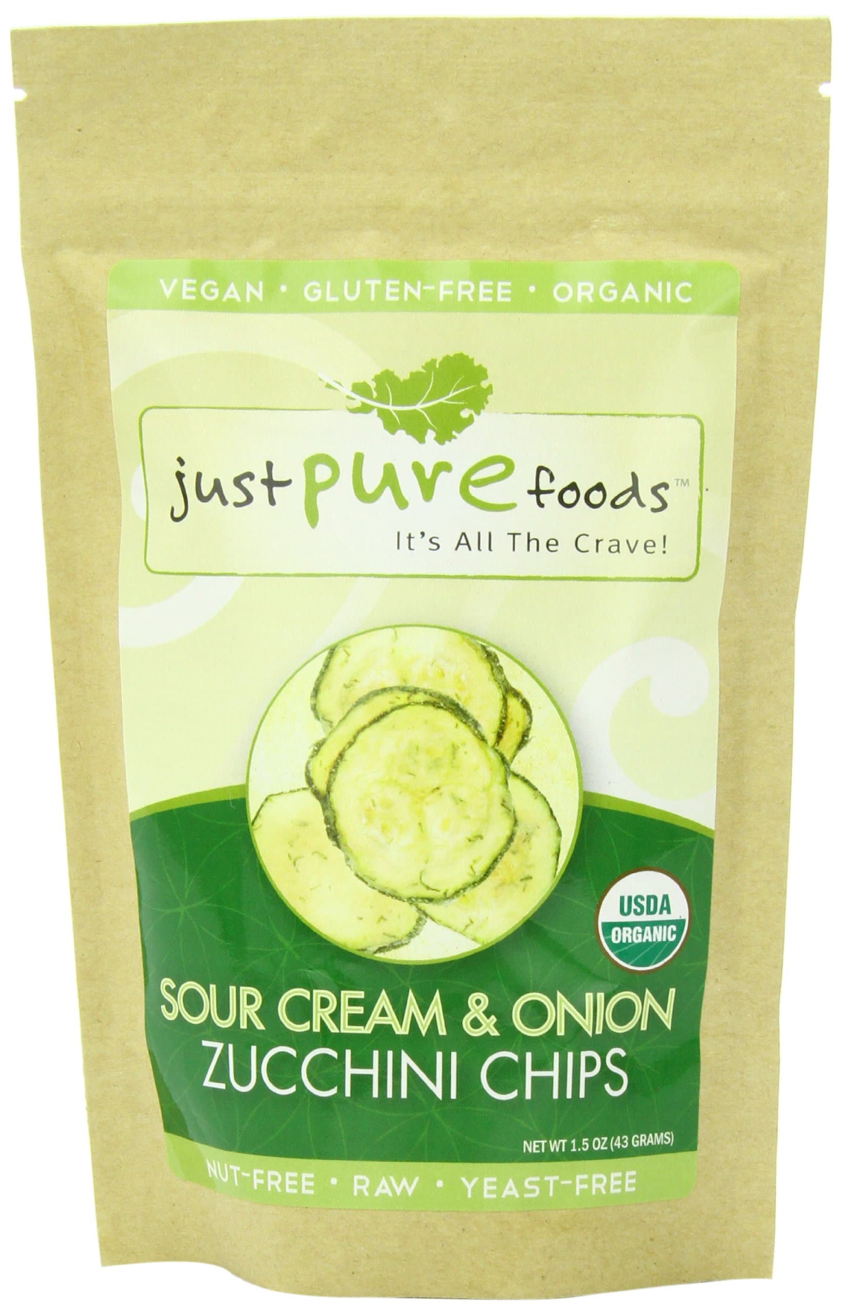 Just Pure Foods Organic Vegetables and Seasoning, Sour Cream and Onion Zucchini Chips, 1.5 Ounce