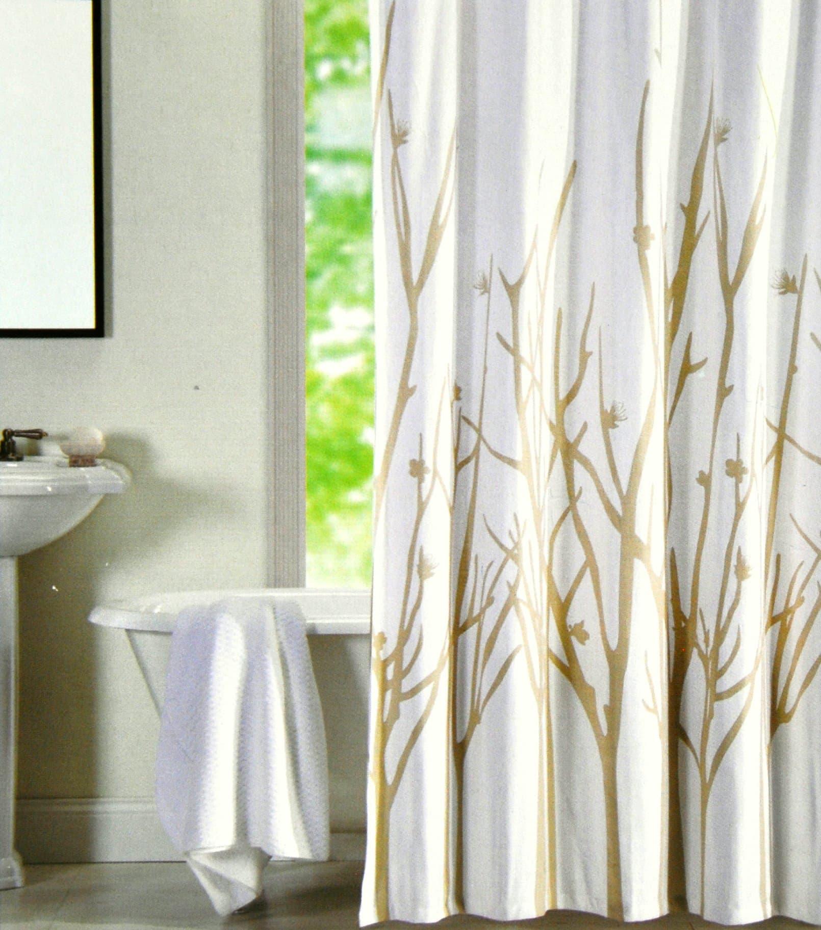 Cotton Shower Curtain Branches Tree Tan Beige White 72-inch by 72-inch (White/tan)