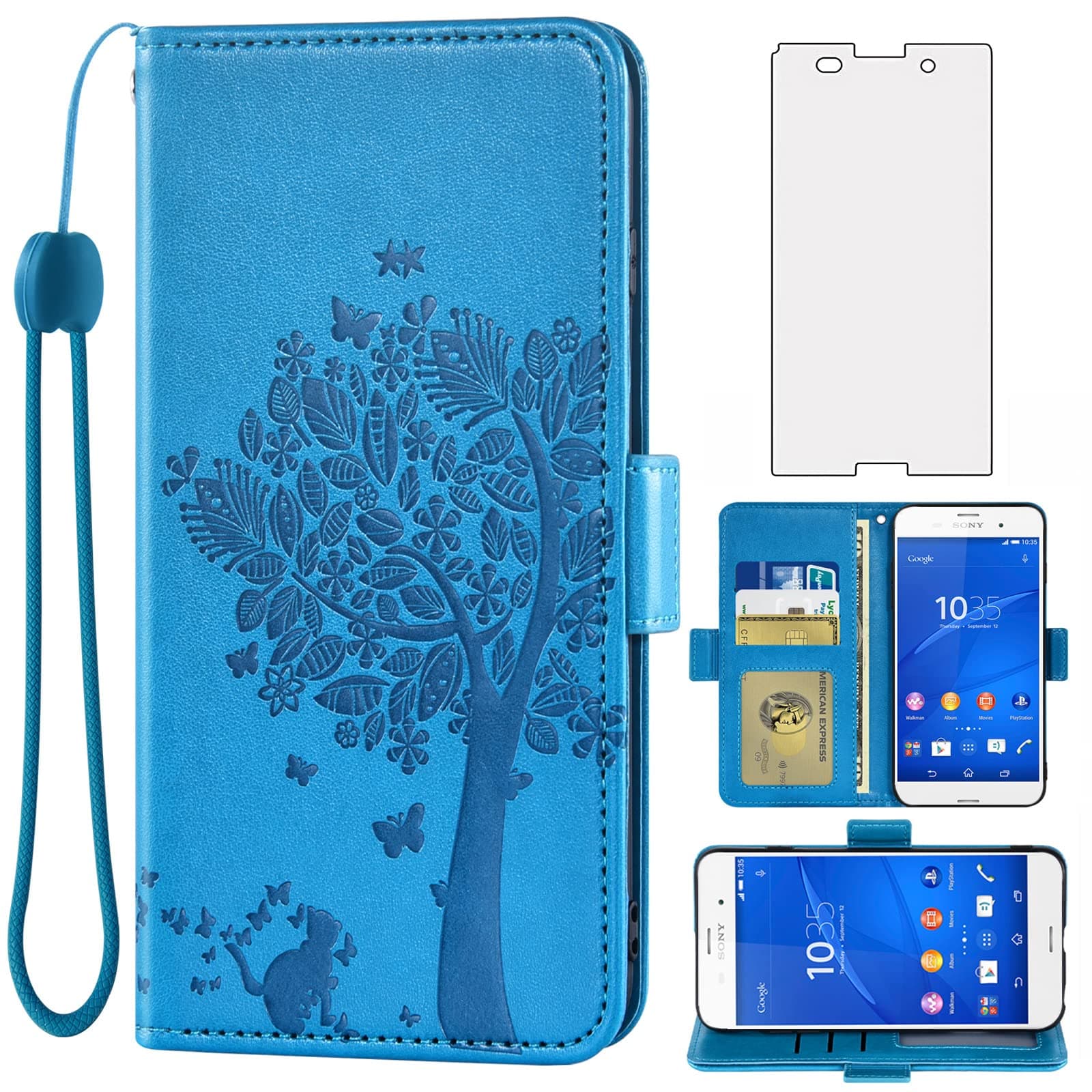 AsuwishCompatible with Sony Xperia Z3 Wallet Case and Tempered Glass Screen Protector Flip Purse Accessories Wrist Strap Credit Card Holder Stand Cell Phone Cover for Experia 3Z D6603 Women Men Blue