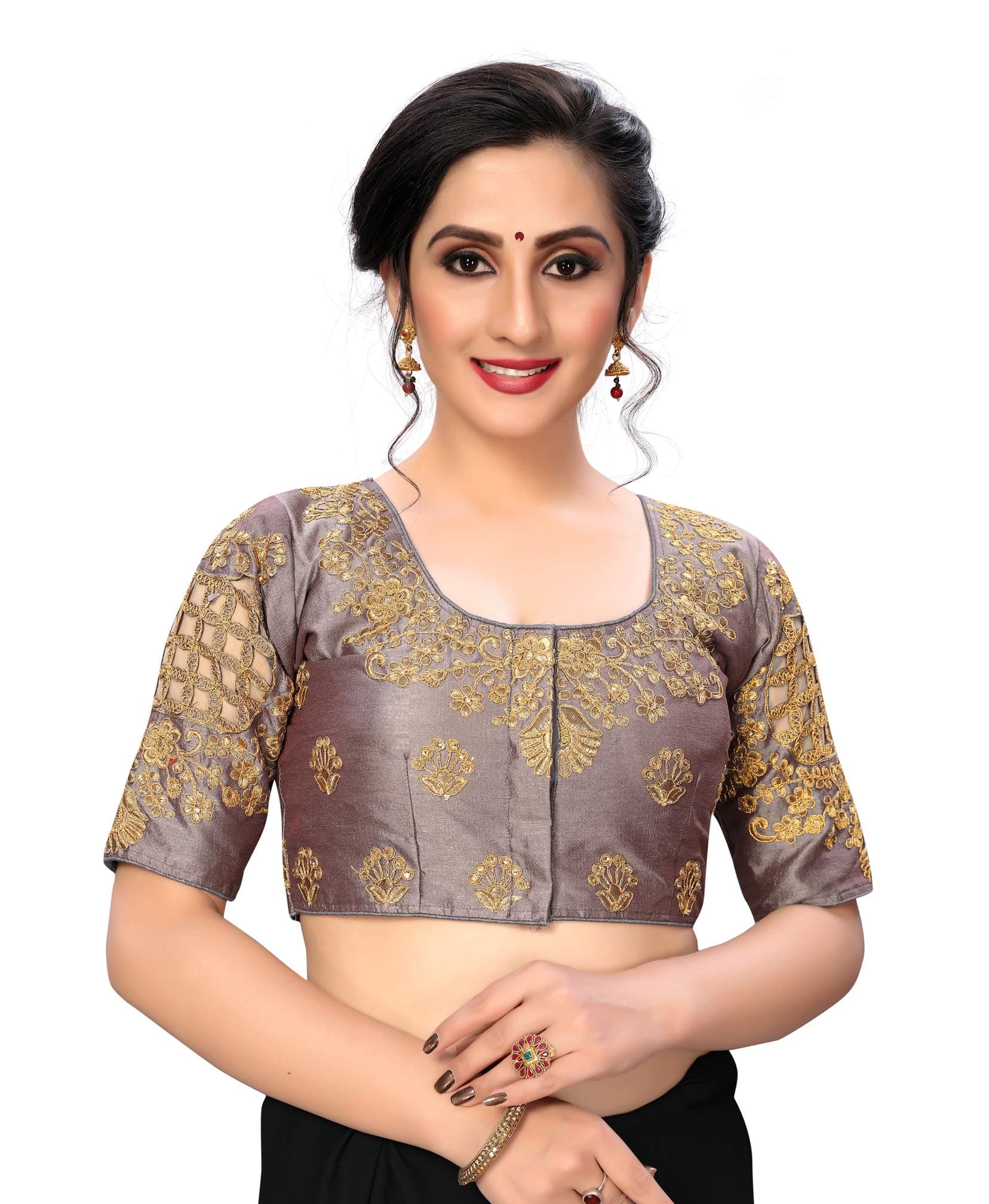 Shubh Sanidhya Women's Embroidered Phantom Silk Blouse with Round Neck