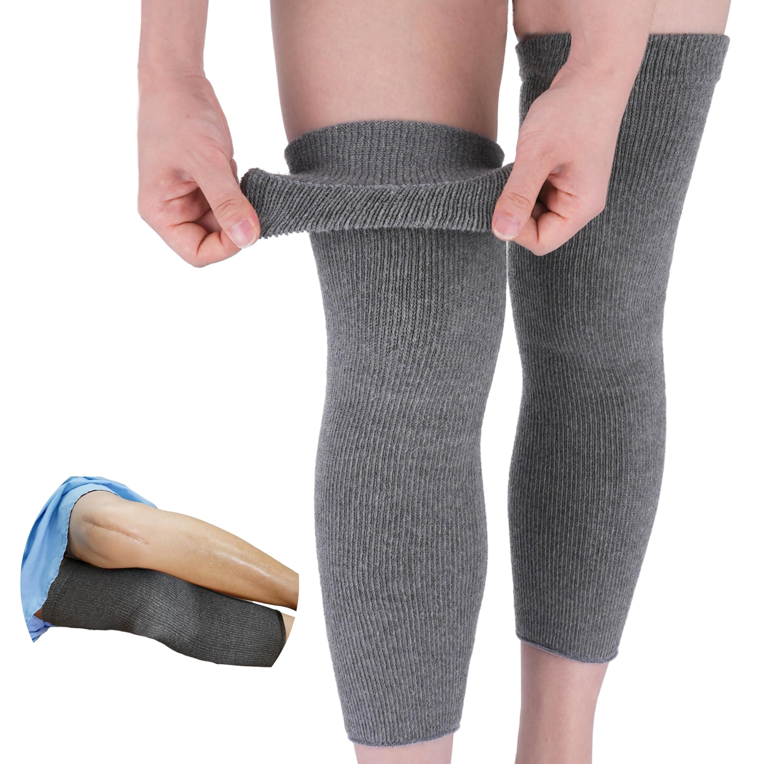 Knee Warmers, Long Cotton Knee Sleeves - For Women, Men, Circulation Improvement and Joint Pain Relief for Arthritis Knees, Knitted Binchotan Charcoal Yarn, Thick, One Pair, Made in Japan
