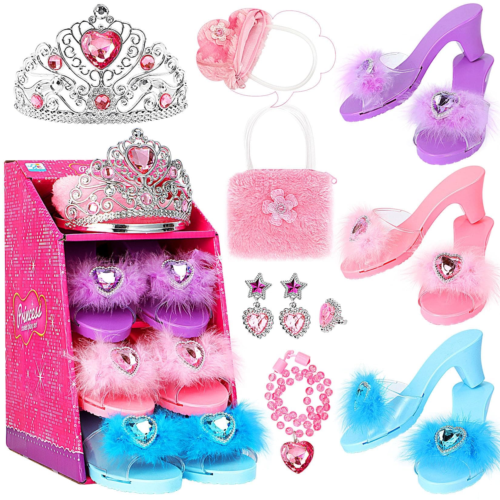 Princess Dress Up Shoes Pretend Play Jewelry Toys Set 3 Pairs of Shoes with Tiara Earrings Necklaces Ring Role Play Set for Little Girls Aged 3-6 Years Old