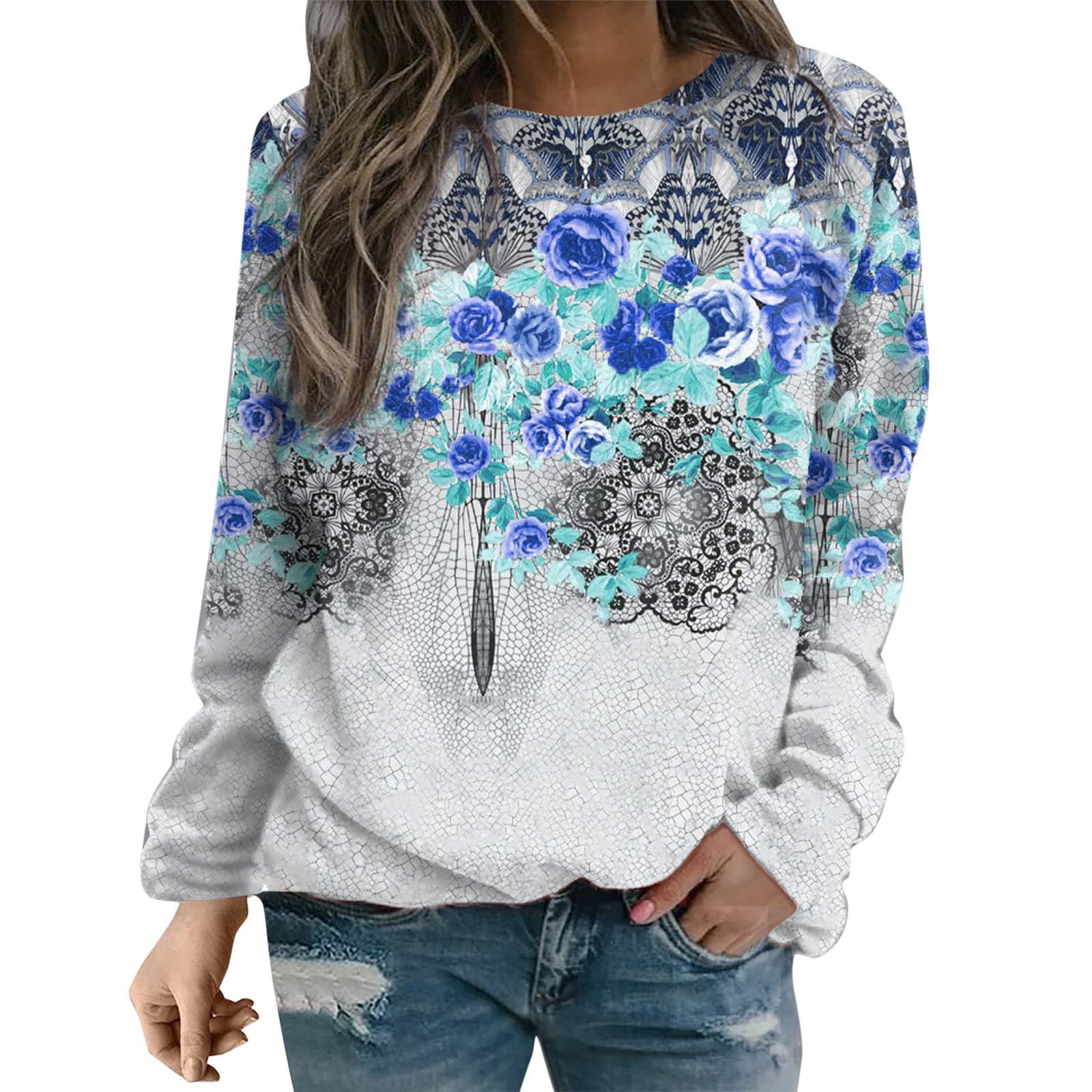 QJWM Long Sleeve Shirt Women's Sports Daily Print O-Neck Sweatshirt Crew Neck Pullover Tops Casual Long Sleeve Training Shirts Casual Loose Louse Red Jumper (Blue, L), blue, L