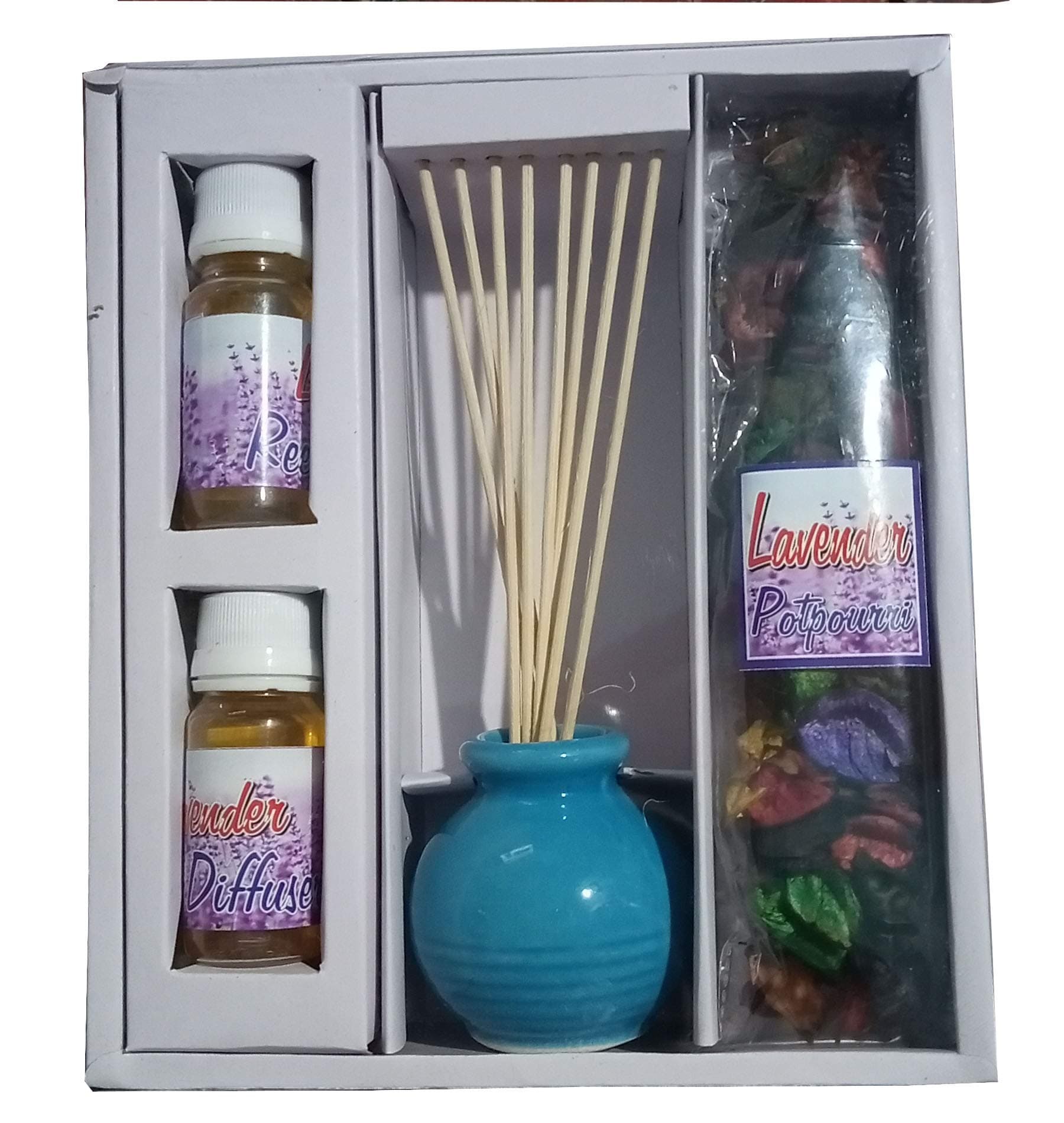 homedecor anurudh Ceramic Reed Diffuser Fragrance Lavender Gift Set - Pot, 8 Reed Sticks, 60ml Reed Diffuser Oil, 50gm of Potpourri