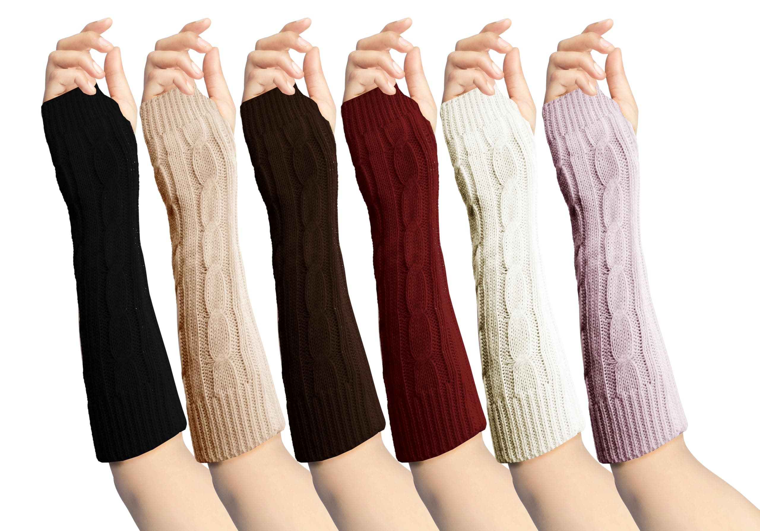 6 Pairs Long Fingerless Gloves, Cable Knit Arm Warmer Sleeve Premium Long Thermal