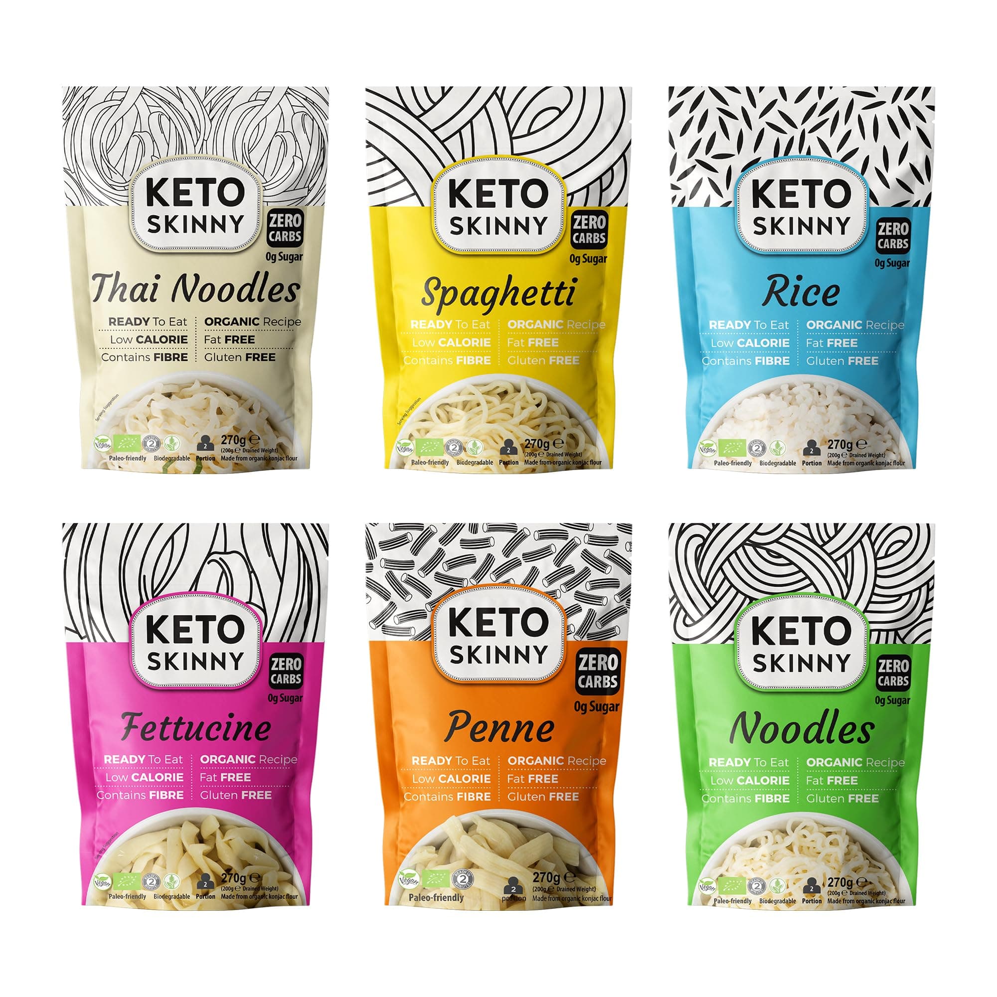 Organic Konjac Noodles, Pasta & Rice (Mix Pack of 6 x 270g) Fettucine, Spaghetti, Penne, Thai Style, Zero Carb, Low Calorie, High Fibre, Gluten, Fat & Sugar Free, Ready to Eat Keto Food