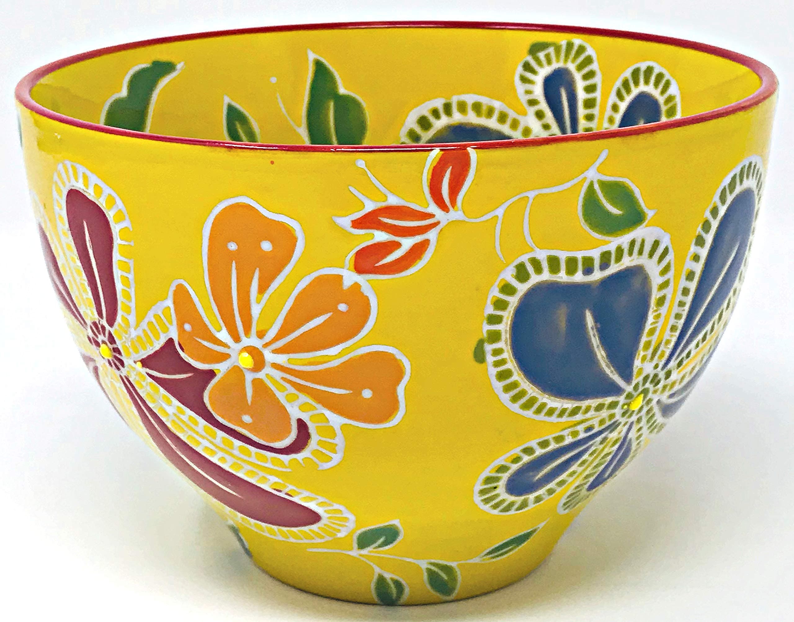 Hand Painted Yellow with Red, Orange, White & Black Flower Ceramic Bowl by Yokohama Studio