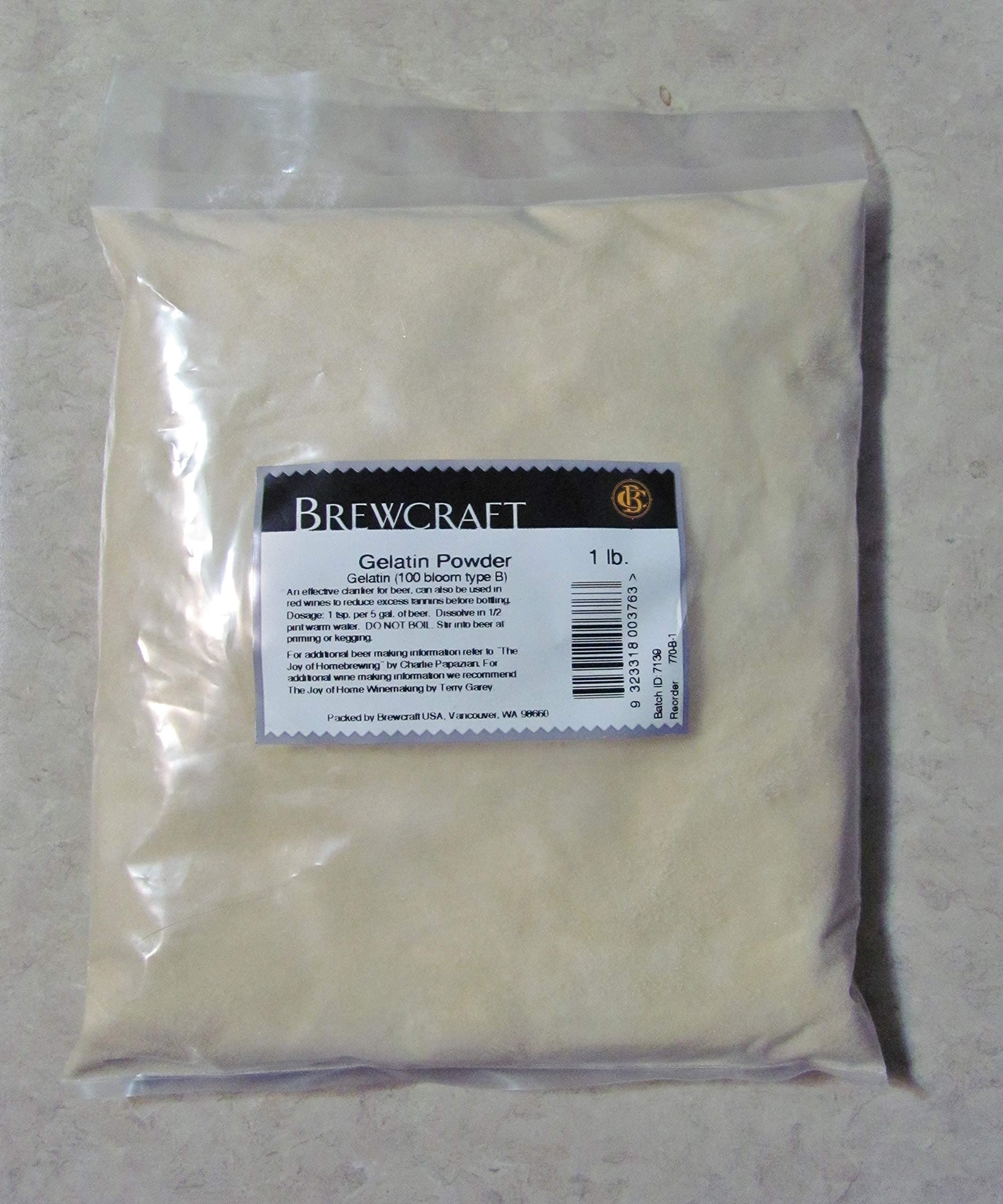 GELATIN POWDER FINING 1LB 100 Bloom Type B Positive Charge for Clarification of Beer and Wine